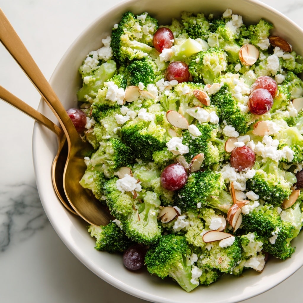 A close-up view of a large white bowl filled with a fresh broccoli salad. The salad has bright green broccoli florets mixed with small pieces of red grapes, light beige almond slices, and crumbled white cheese on top. There are two gold-colored spoons inside the bowl, slightly resting on the salad. The bowl is placed on a white marbled surface with a subtle pattern, and soft natural light highlights the colors and textures of the ingredients. photo taken with an iphone --ar 4:5 --v 7