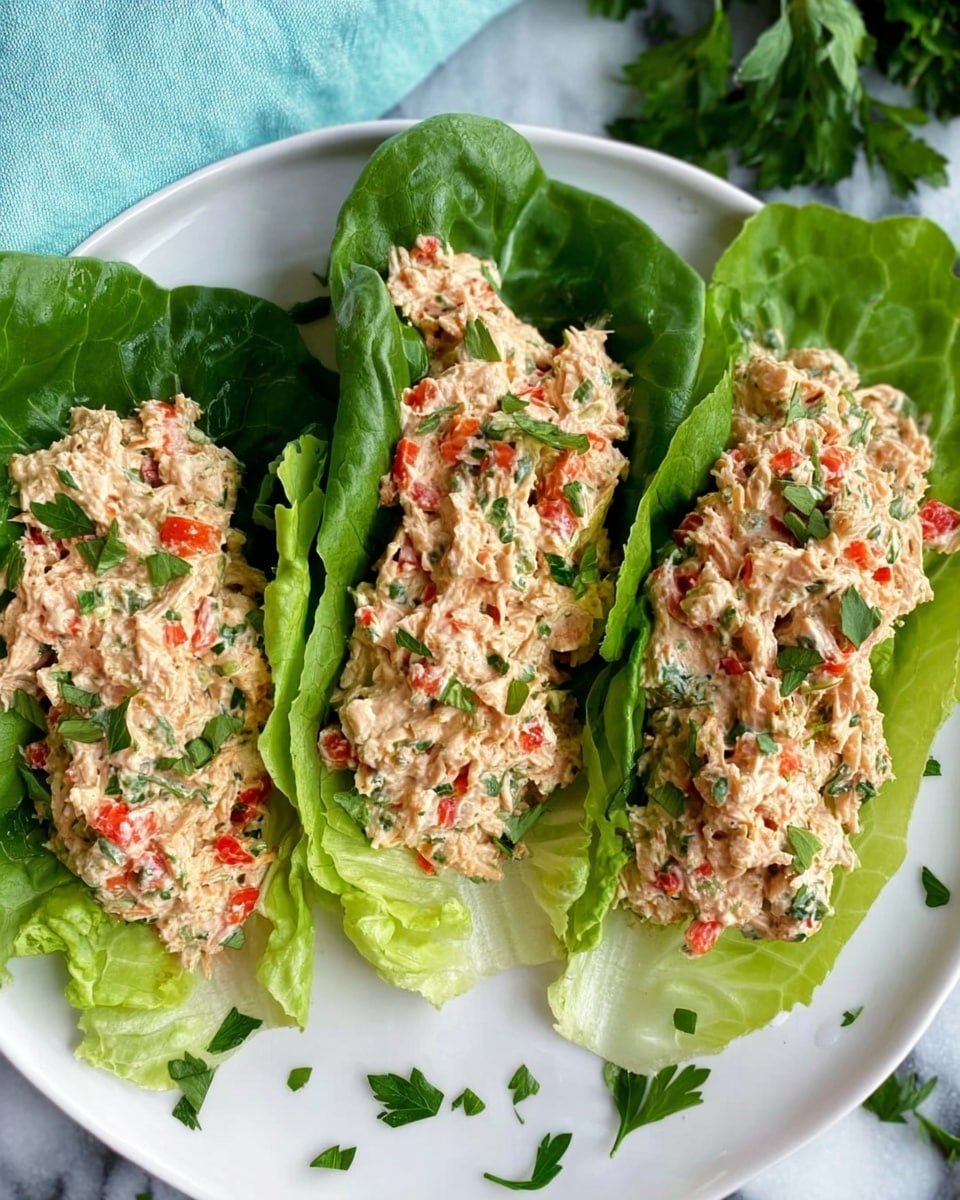 The image shows three large, fresh green lettuce leaves laid side by side on a white plate. Each leaf holds a generous layer of creamy chicken salad, made with shredded chicken mixed with small bits of red bell pepper and green herbs, giving the salad a speckled look with cream, red, and green colors. The chicken salad has a soft, chunky texture and is topped with scattered fresh green parsley leaves for garnish. The plate sits on a white marbled surface with a light blue cloth partially visible in the background. Photo taken with an iphone --ar 4:5 --v 7