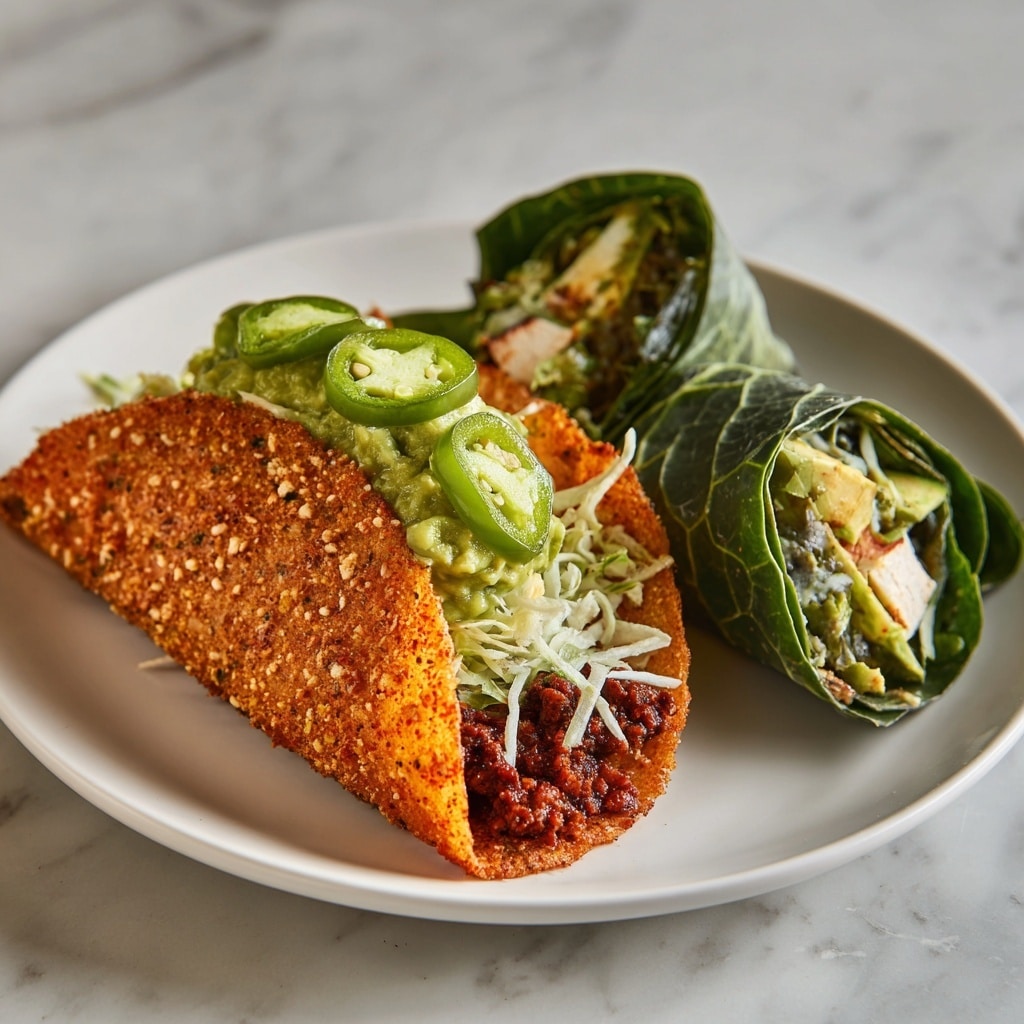 The image shows a close-up of a folded wrap made with a thin, orange-brown crepe that has visible small red and green bits inside, forming the top and bottom layers. Inside, there is a thick, chunky green filling with a creamy texture, featuring pieces of red and green vegetables or herbs mixed in. The wrap rests on a simple white plate, and the background has a white marbled texture. The overall look is fresh and colorful with a focus on the crispy wrap and rich filling photo taken with an iphone --ar 4:5 --v 7
