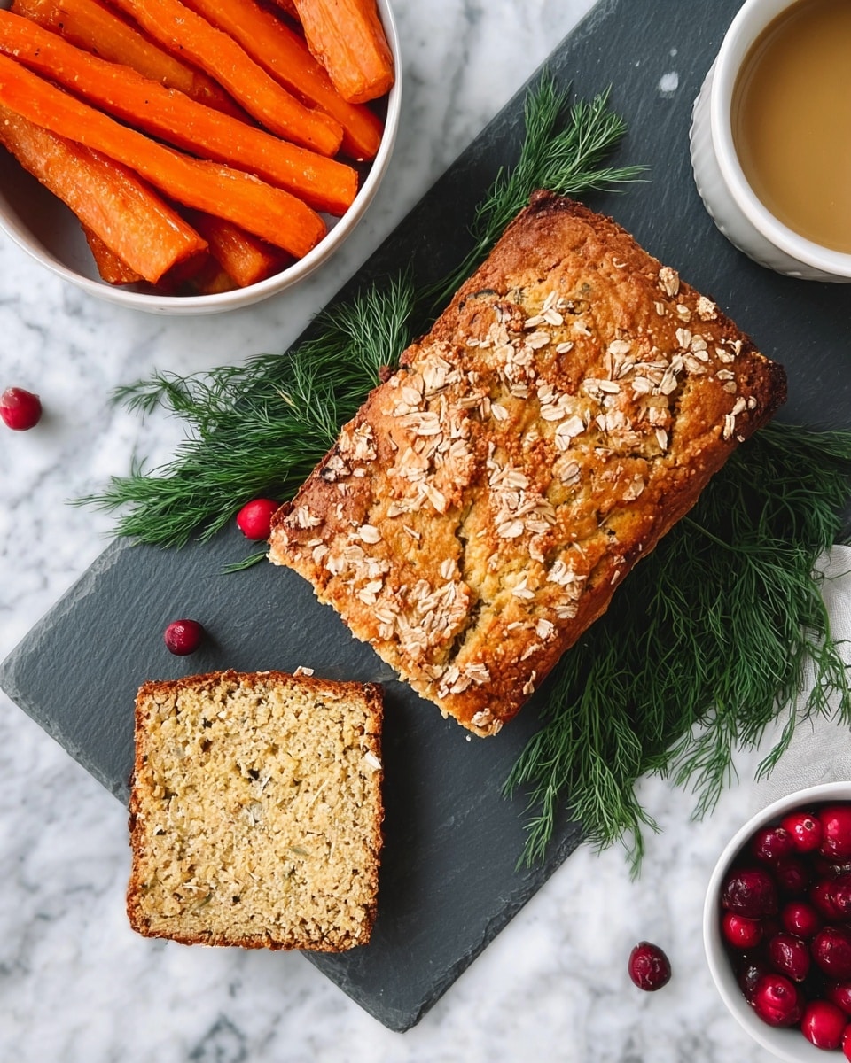 The image shows a golden-brown loaf with a crumbly, textured crust placed on a slate cutting board, with a small square slice cut off and laid next to it revealing a soft, oat-filled inside. Fresh green dill sprigs are placed beneath and around the loaf, scattered with a few red cranberries adding color contrast. To the upper left, there is a white bowl filled with bright orange roasted carrot sticks. To the upper right, a white bowl holds a light brown sauce or gravy. The background is a white marbled surface, with a woman's hand partially visible resting nearby. Photo taken with an iphone --ar 4:5 --v 7