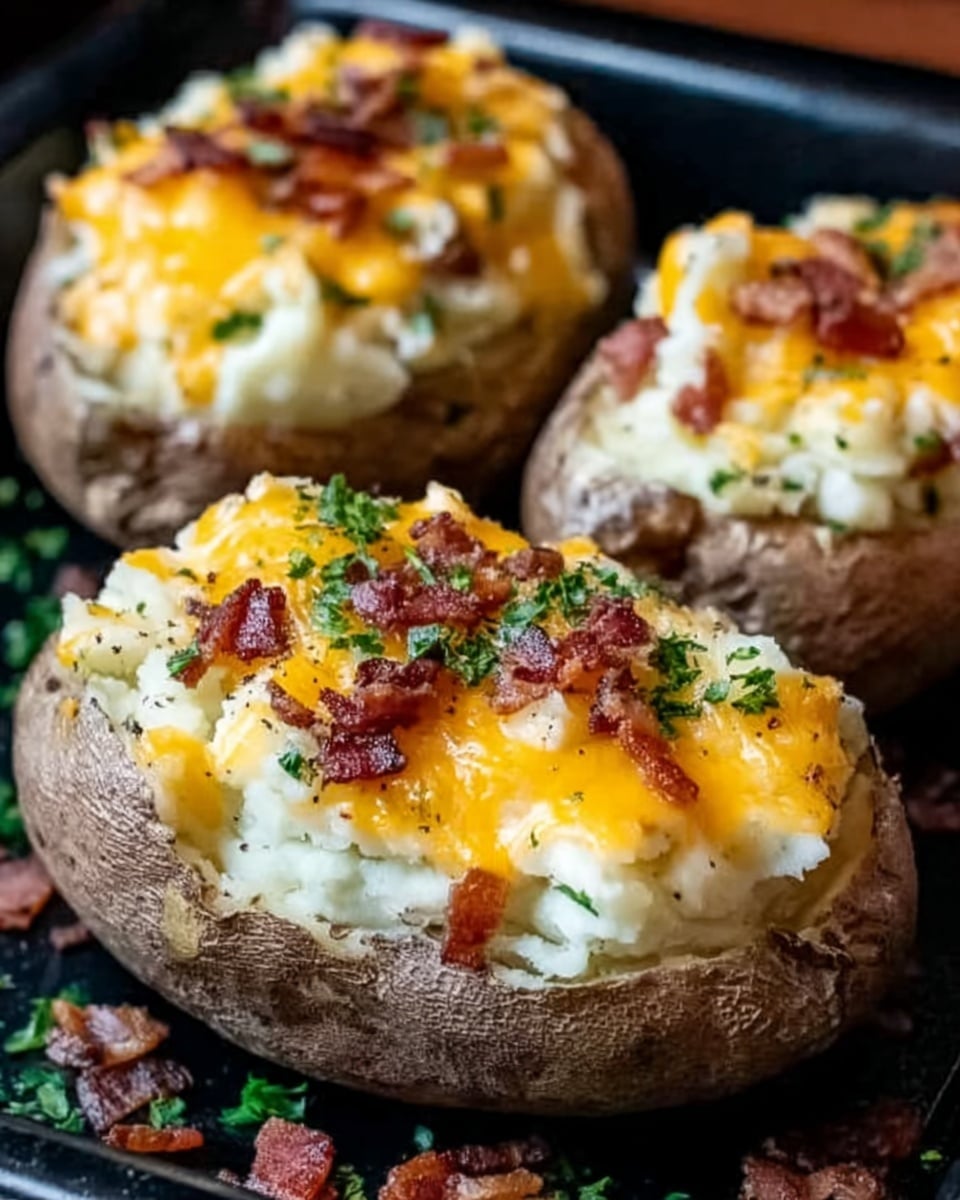The image shows three baked potatoes with rough brown skin on a black tray. Each potato is cut open and filled with smooth white mashed potatoes topped with melted bright orange cheddar cheese. Small pieces of crispy bacon and green herbs are sprinkled on top of the cheese. The texture of the mashed potato looks soft and creamy, while the cheese is gooey and slightly browned. The potatoes are arranged close together with some bacon and herbs scattered around. Photo taken with an iphone --ar 4:5 --v 7