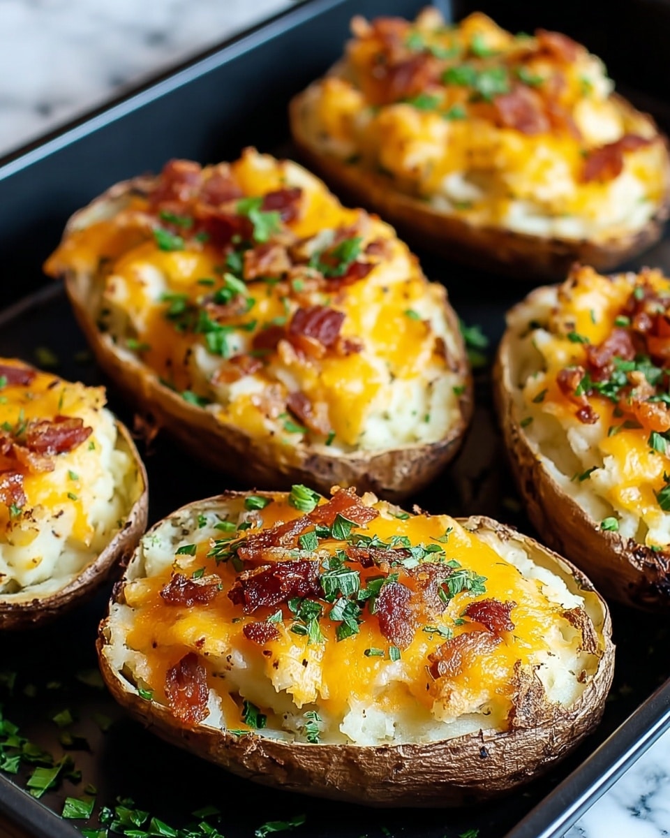 The image shows five potato skins on a black baking tray. Each potato skin has three layers: the bottom layer is the brown, textured potato skin; the middle layer is pale, creamy mashed potato with a soft, fluffy texture; the top layer is melted orange-yellow cheese, sprinkled with small pieces of crispy brown bacon and finely chopped green herbs. The potato skins are arranged close together with some green herb bits scattered on the tray around them, against a white marbled texture. Photo taken with an iphone --ar 4:5 --v 7