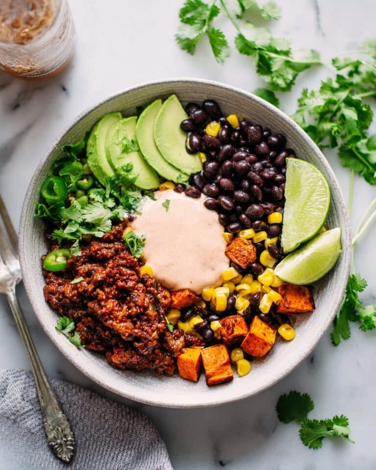 Ground Beef Taco Bowl with Roasted Sweet Potatoes and Spicy Lime Sauce Recipe