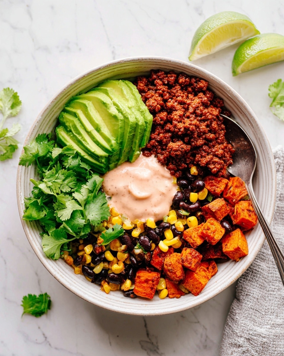 A bowl with four main sections of food sits on a white marbled surface. The top left section has bright green sliced avocado pieces stacked slightly on each other with smooth texture. Below the avocado are green cilantro leaves and a wedge of light green lime. The top right section contains dark brown cooked mince with a slightly glossy look, and a spoon resting in it. The bottom right features reddish-brown roasted sweet potato cubes mixed with yellow corn kernels and black beans. In the center near the avocado and mince is a dollop of light pink creamy sauce with a smooth texture. The bowl is white with a subtle ridged pattern around its edge. photo taken with an iphone --ar 4:5 --v 7