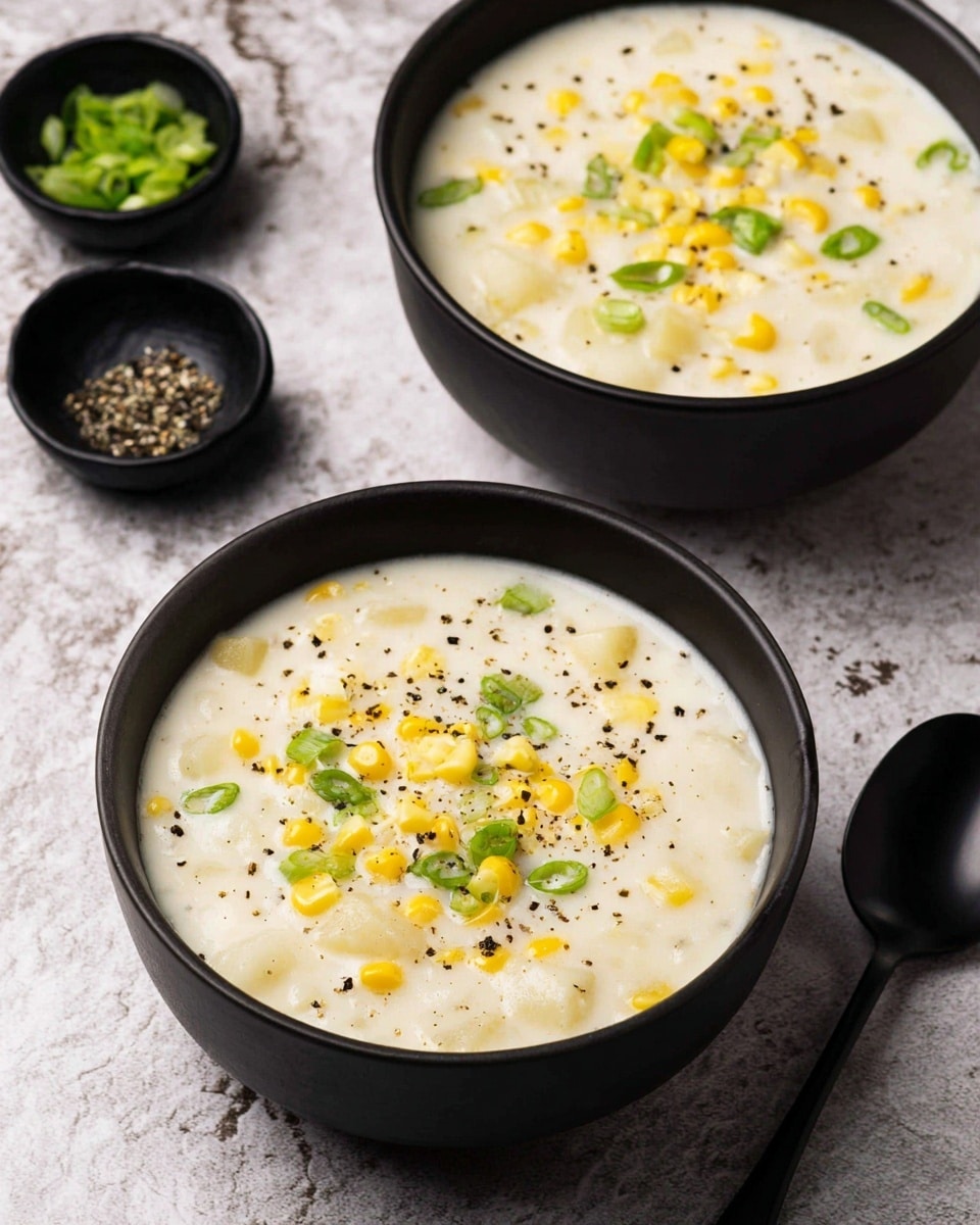 Two black bowls filled with creamy white soup, layered with small yellow corn kernels and green onion slices floating throughout. The soup has small white chunks, likely potatoes, scattered inside with a light sprinkle of black pepper on top. The bowls are set on a white marbled texture, with two small black bowls in the background—one holding more green onion slices and the other black pepper. A black spoon rests near the front bowl. The overall look is warm, fresh, and inviting. photo taken with an iphone --ar 4:5 --v 7