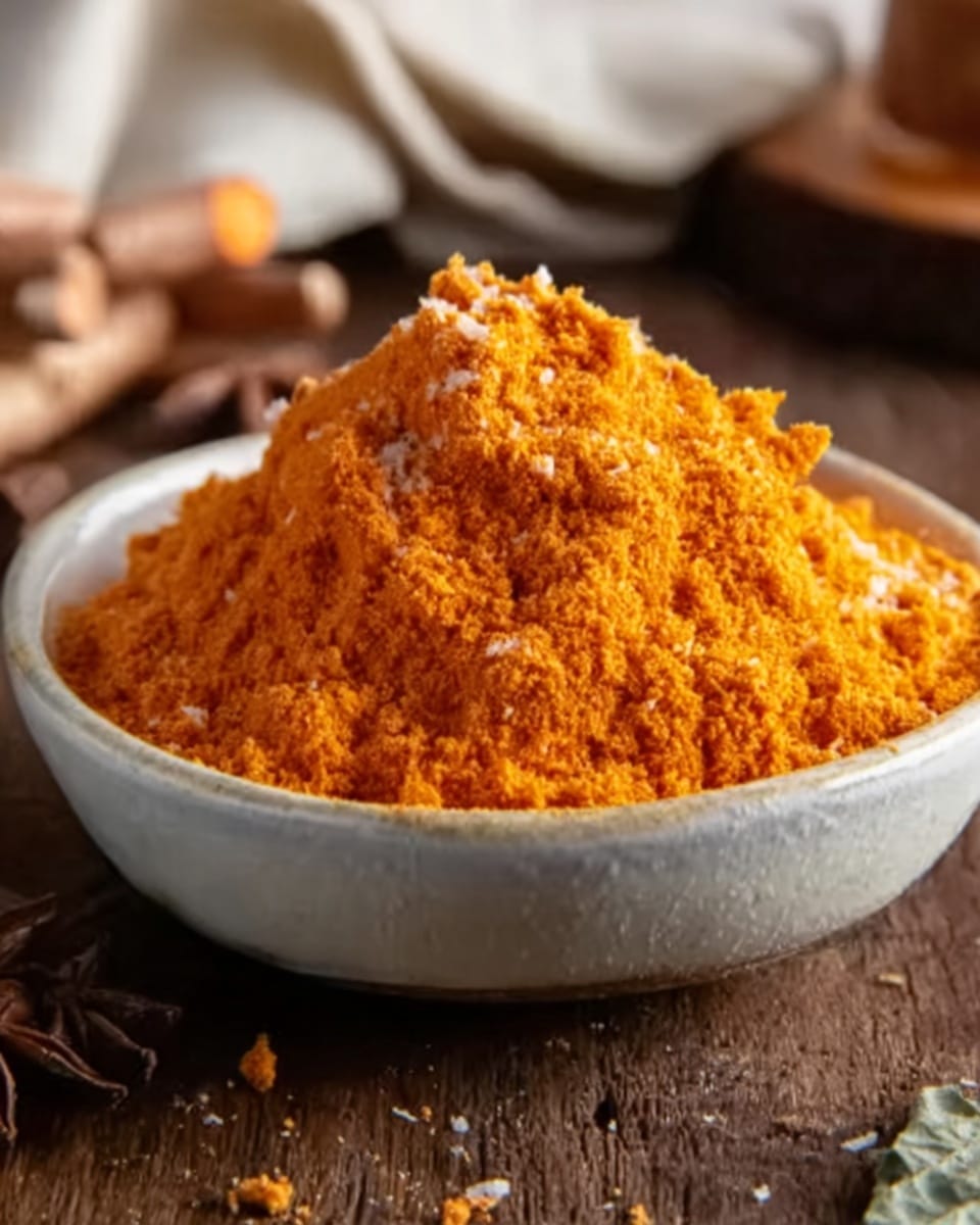 A close-up view of a mound of fine reddish-brown powder with small white sesame seeds mixed throughout, heaped high inside a shallow white bowl. The powder has a soft, crumbly texture and forms small peaks. Next to the bowl are several dark brown dried citrus slices stacked loosely, showing their segmented interiors. In front of the bowl is a wooden spoon resting on a white marbled surface, holding a small amount of the same reddish-brown powder with sesame seeds. Some fresh green herb sprigs lie beneath the bowl, adding a touch of color to the scene. The lighting is warm and natural, highlighting the textures and colors. photo taken with an iphone --ar 4:5 --v 7