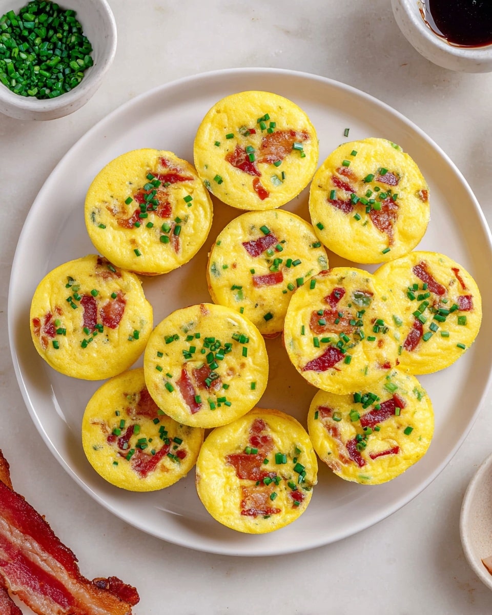 A white plate holds twelve small, round egg muffins arranged closely together. Each muffin is bright yellow with a smooth, slightly spongy texture and contains bits of red bacon and chopped green chives evenly spread throughout. The plate is set on a white marbled surface, with thin slices of crispy bacon and small bowls of chopped chives partially visible around it. photo taken with an iphone --ar 4:5 --v 7