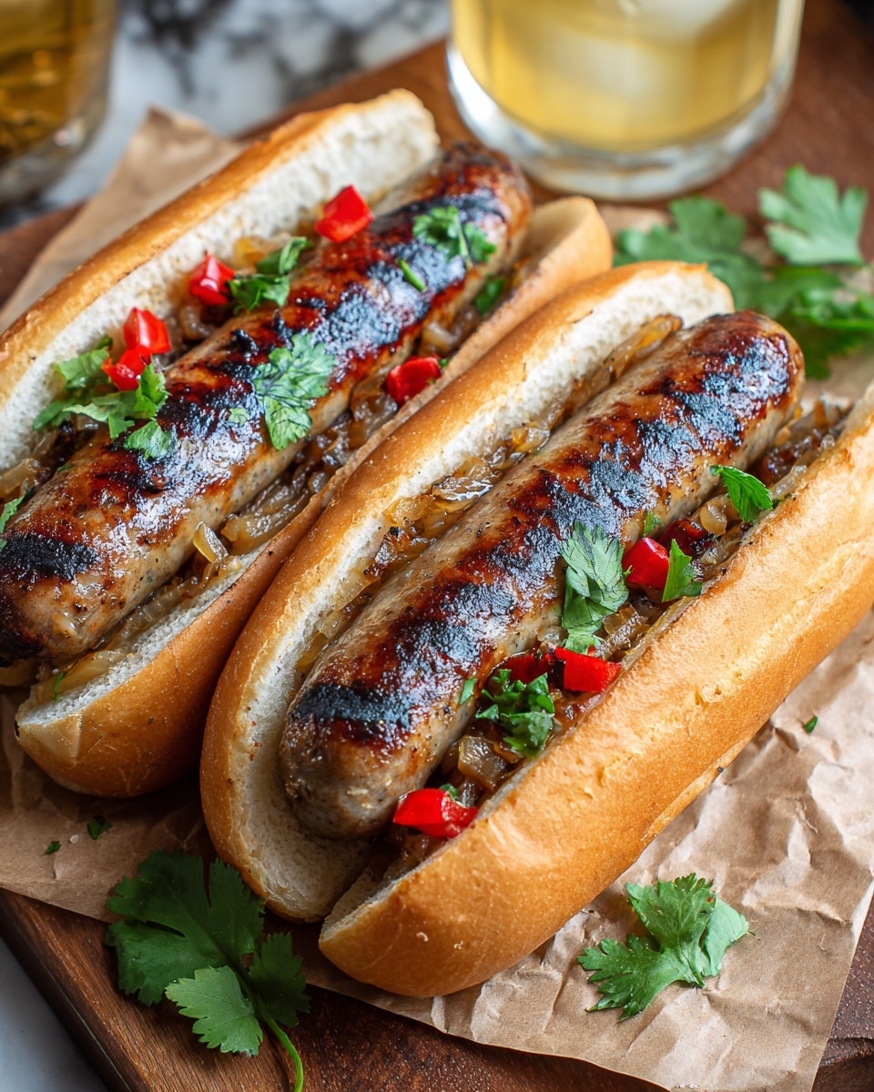 Two grilled sausages with dark brown char marks sit inside split white sandwich buns. Each sausage rests on a bed of finely chopped grilled onions that are golden brown. Small, bright red diced pieces of pepper and fresh green cilantro leaves are scattered over the sausages. The sausages and buns are placed on a piece of brown parchment paper on a wooden surface. There is some additional green cilantro on the surface beside the paper. The background shows a blurry glass with a light yellow drink and a white marbled texture. photo taken with an iphone --ar 4:5 --v 7