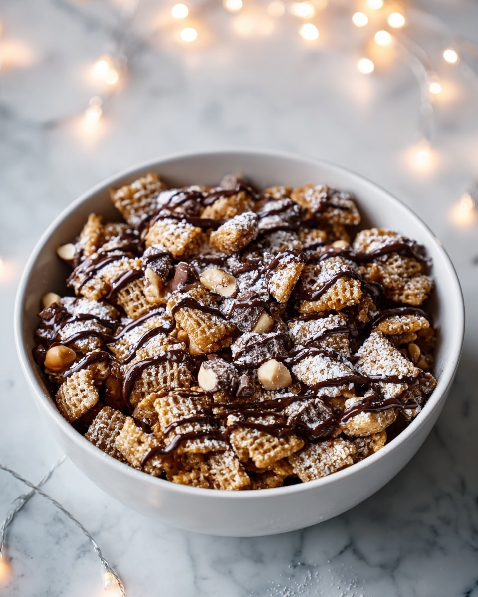 A bowl filled with golden, crunchy cereal pieces layered with small clusters of nuts, all covered with a dusting of white powdered sugar. The entire mix is drizzled generously with dark chocolate sauce that creates a shiny, smooth texture over the rough cereal surface. The bowl is white, and the background shows a white marbled texture with warm glowing string lights softly out of focus, adding a cozy feel. photo taken with an iphone --ar 4:5 --v 7