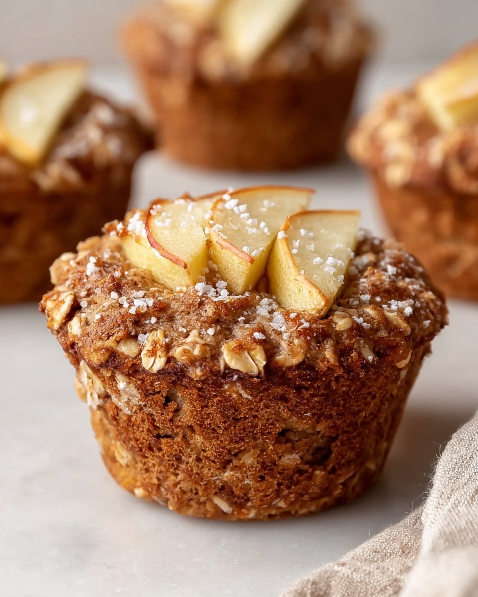 The image shows several small oatmeal cups arranged on a white marbled surface. Each oatmeal cup has a base and sides made of cooked oats mixed with a cinnamon or spice blend giving a light brown color with a textured, grainy look. On top of each cup, there are five thin slices of pale yellow apple, arranged in a circular pattern like petals, some with a hint of red skin. In the center of the apple slices, there is a small mound of coarse white sugar crystals, adding a sparkly touch. The surface of the oatmeal looks moist and slightly glossy. photo taken with an iphone --ar 4:5 --v 7
