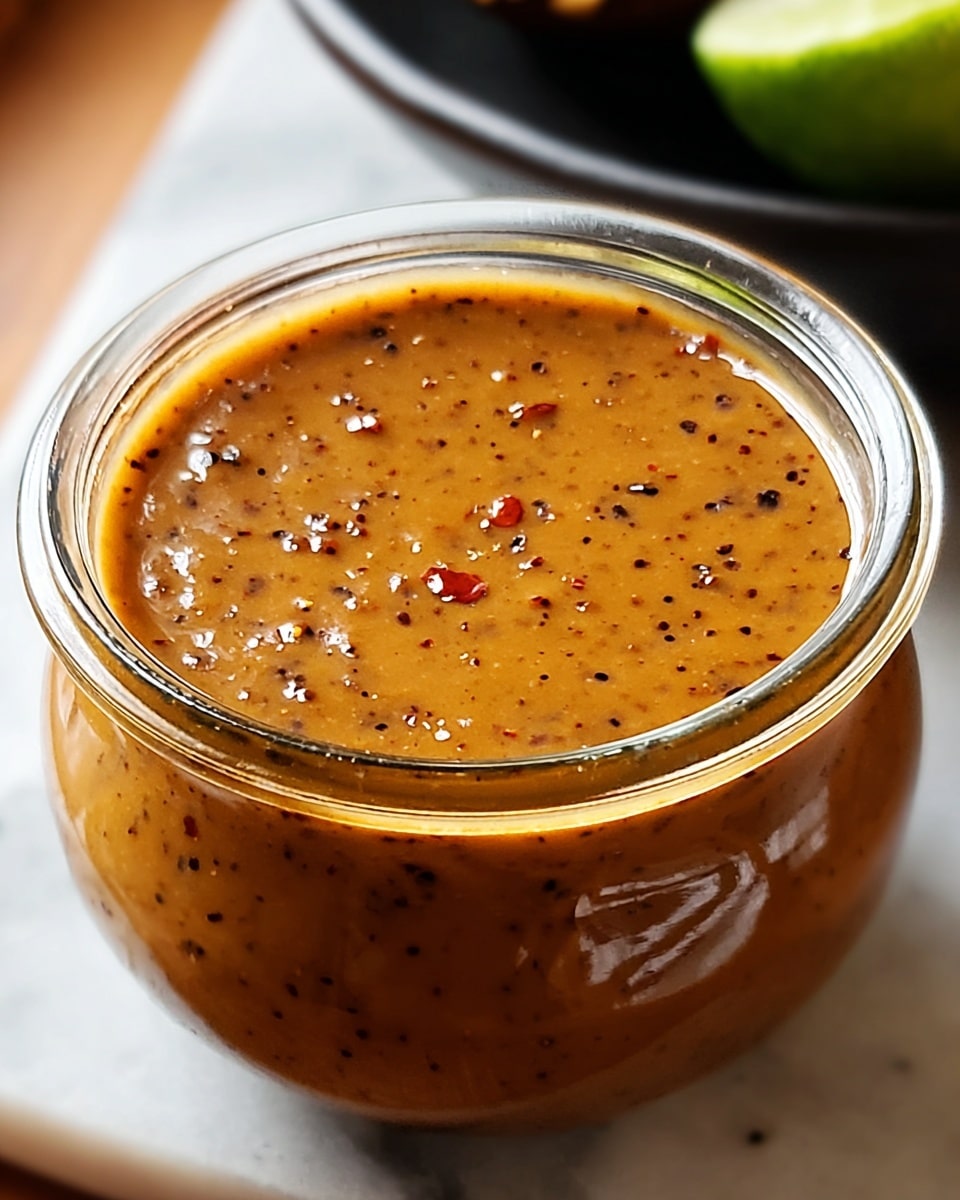 A clear glass container filled with a smooth, thick sauce of warm brown color speckled with tiny black and red bits spread evenly throughout. The sauce reaches just below the rim, showing its glossy, shiny surface with small reflections. The container sits on a white marbled textured surface, and a blurred dark dish with a green lime slice is visible in the back right. Photo taken with an iphone --ar 4:5 --v 7