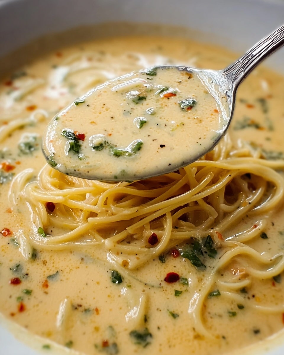A close-up image of a creamy soup with visible thin spaghetti noodles partially submerged in the soup. The soup is light beige with a smooth texture, speckled with small bits of green herbs and red chili flakes. A metal spoon above the soup holds a thick portion of the creamy soup, showing the same speckled pattern as the soup below. The background surface is a white marbled texture. photo taken with an iphone --ar 4:5 --v 7
