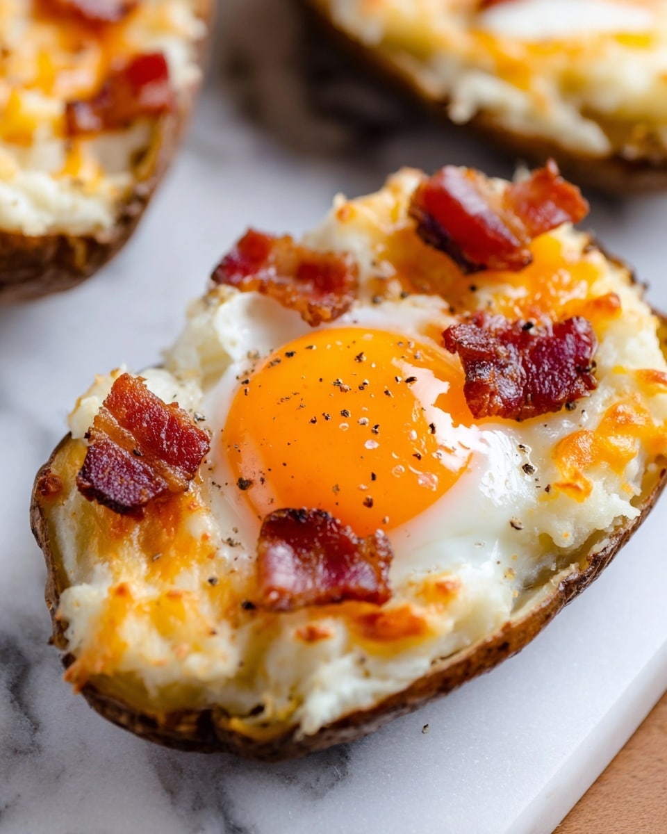 The image shows a close-up of a baked potato half on a white marbled surface, topped with bright orange egg yolk in the center, surrounded by a layer of white cooked egg white. Around the egg, there is a layer of creamy mashed potato mixed with melted cheddar cheese that is light orange and slightly browned in spots. Pieces of crispy reddish-brown bacon are placed on top of the mashed potato around the egg. The potato skin is dark brown and visible around the edges, adding texture. The dish is sprinkled with black pepper, enhancing the texture and color contrast. Photo taken with an iphone --ar 4:5 --v 7