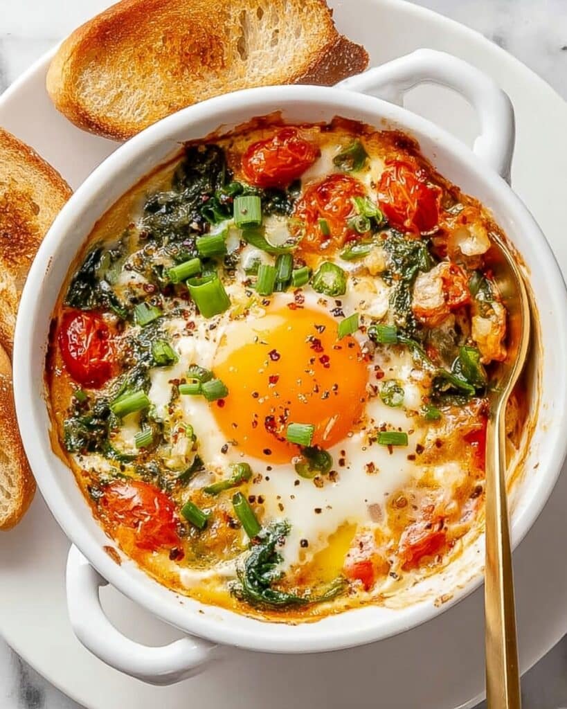 Baked Feta Eggs with Cherry Tomatoes and Spinach Recipe