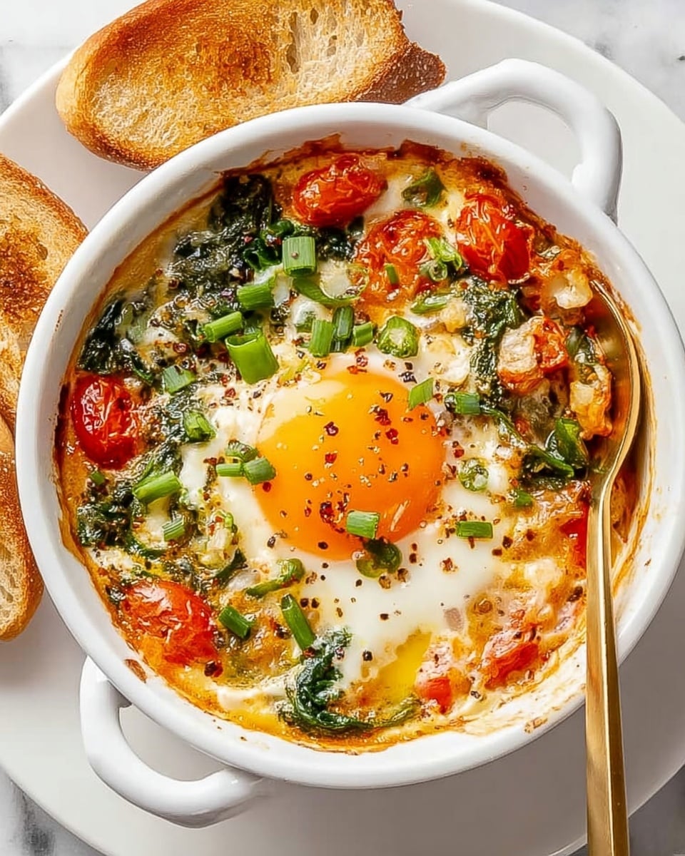 The dish is shown in a white round baking dish with handles on the sides, placed on a white plate. Inside, there is a cooked egg with a bright orange yolk in the center, surrounded by a slightly runny white layer. Around the egg, there are various cooked vegetables including green spinach leaves, red cherry tomatoes, and small tomato pieces with some visible small chunks of white cheese mixed in. The surface is sprinkled with chopped green onions and a light sprinkle of black pepper. A gold spoon is partially inserted on the right side into the egg and vegetables. The edges of the dish show some baked, slightly browned parts of the mixture. Nearby, there are two slices of light brown toasted bread placed on the white marbled surface. photo taken with an iphone --ar 4:5 --v 7