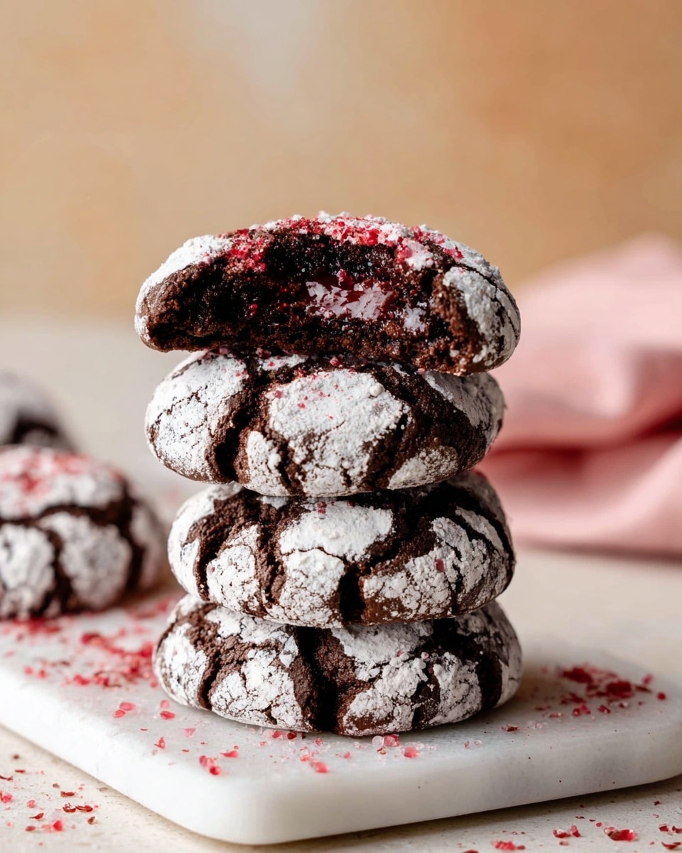 A stack of four round chocolate crinkle cookies is placed on a white rectangular plate with a white marbled texture underneath. Each cookie is dark brown with deep cracks and covered heavily in white powdered sugar, giving a cracked pattern effect. The top cookie is broken in half, showing a soft, dark, and moist inside with a sprinkling of red powder on the surface. Some red powder is also scattered lightly on the plate and the white marbled surface around it. The background is softly blurred with warm beige tones, and a pink cloth rests behind the cookies. photo taken with an iphone --ar 4:5 --v 7