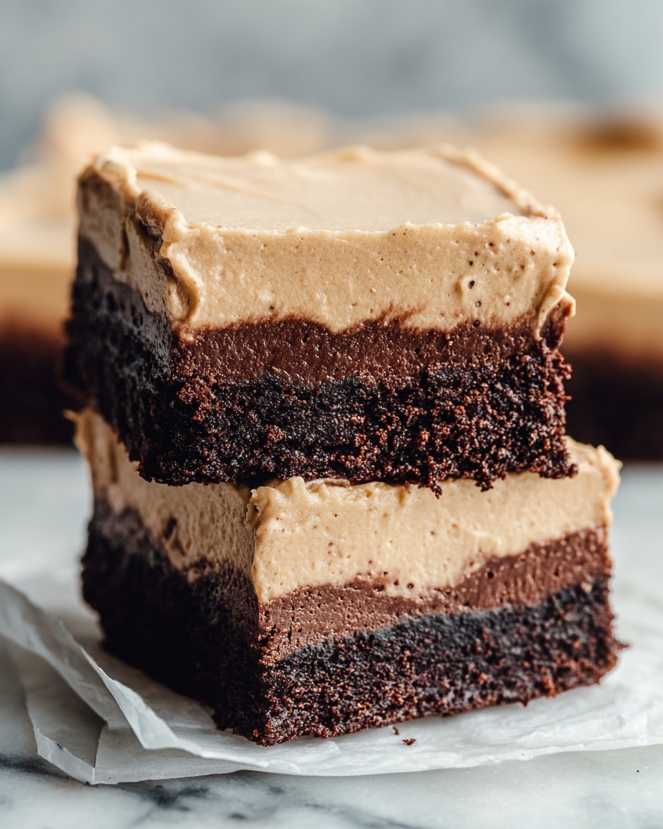 Two square dessert pieces are stacked on top of each other against a blurred background, each with two layers. The bottom layer is thick, dark brown, moist, and crumbly with a rich chocolate look. The top layer is a smooth, creamy tan frosting with a slightly uneven surface and small specks, creating a soft contrast on the dense chocolate base. The desserts rest on white parchment paper, which lies on a white marbled surface. photo taken with an iphone --ar 4:5 --v 7