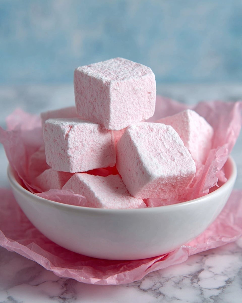 A white bowl filled with several square, soft pink marshmallows that have a powdery, slightly rough surface. The marshmallows are stacked unevenly, showing their spongy texture and pale pink color. The bowl sits on crinkled pink tissue paper on a white marbled surface, with a soft blue background adding contrast. Photo taken with an iphone --ar 4:5 --v 7
