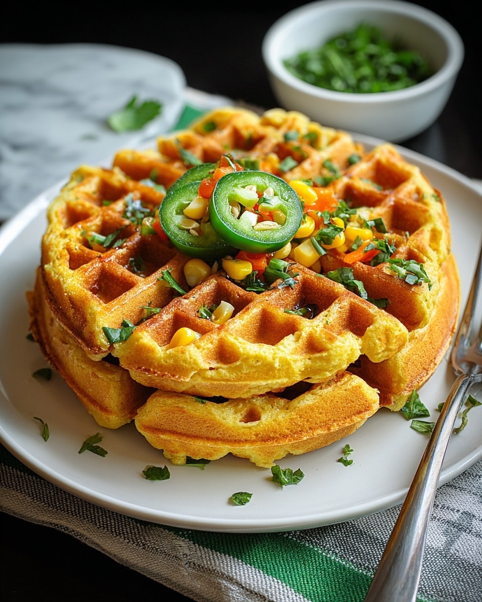 A stack of three golden brown waffles is placed in the center of a white plate on a white marbled surface. Each waffle has a crisp texture with deep square pockets. The top waffle is garnished with chopped green herbs, small bits of melted yellow cheese, and a round slice of bright green jalapeño pepper filled with finely diced red, yellow, and white vegetables. The scene includes a fork and knife resting on the plate edge, and blurred green herbs in a white bowl in the background. photo taken with an iphone --ar 4:5 --v 7