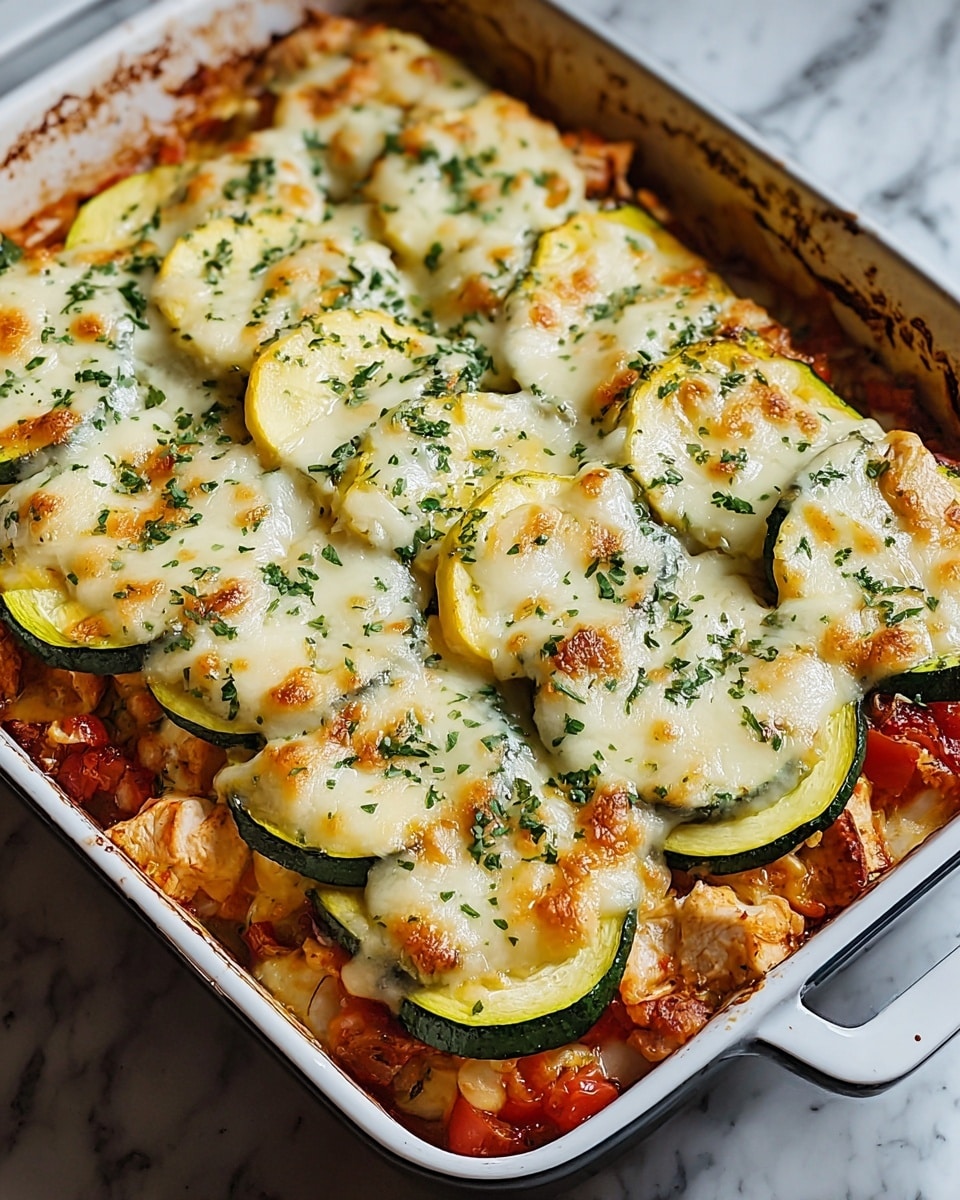 A close-up of a baked casserole in a white baking dish filled with thick slices of zucchini arranged in two layers, topped with melted golden-brown cheese and sprinkled with finely chopped green herbs, visible bits of diced red tomatoes peeking through the cheese, and slightly browned edges around the dish showing a crispy texture. The baking dish rests on a white marbled textured surface with a checkered cloth underneath one side, photo taken with an iphone --ar 4:5 --v 7
