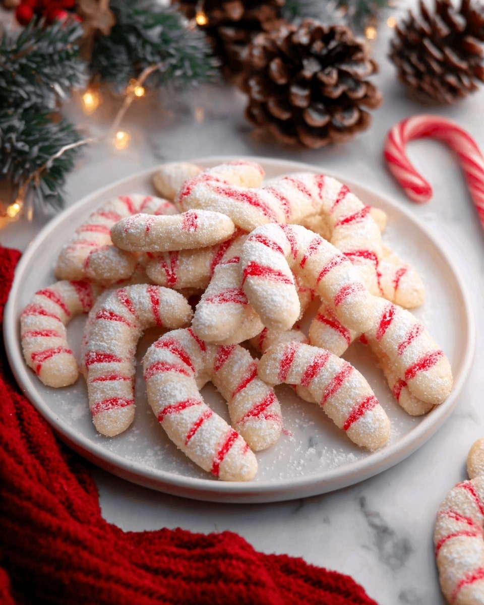 A white round plate filled with many twisted cookies that have white powdered sugar and red stripes all over them, resembling candy canes. The cookies are piled to form a small mound, showing their soft, doughy texture with slightly cracked surfaces. The plate sits on a white marbled table with small pine cones and red and white peppermint candies around, creating a festive holiday mood. Nearby, a woman's hand reaches toward the plate. The lighting is warm, adding a cozy feeling to the scene. Photo taken with an iphone --ar 4:5 --v 7
