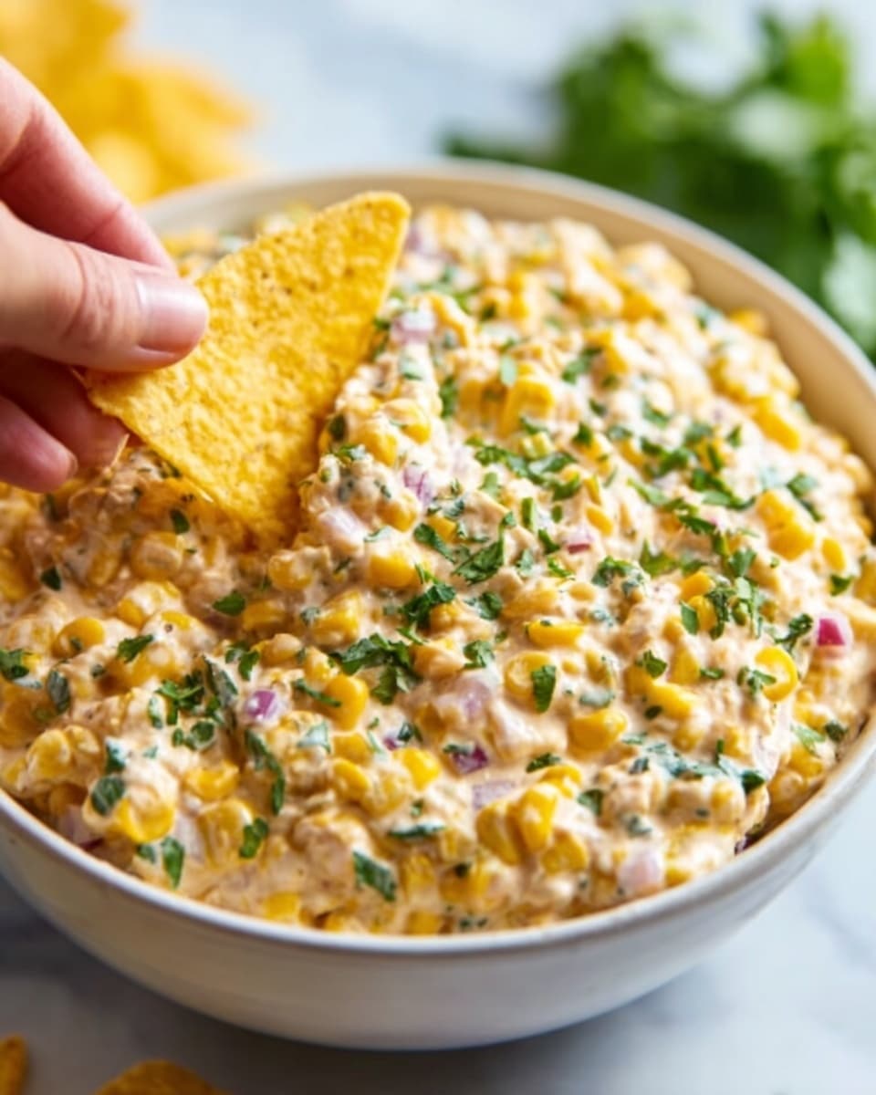 A white bowl filled with a creamy corn dip that has visible pieces of yellow corn, small bits of red onion, and finely chopped green herbs mixed throughout. The dip is thick and textured, topped with more chopped green herbs. A woman's hand is shown holding and dipping a triangular yellow corn chip into the bowl. The bowl is placed on a white marbled surface with some blurred greens in the background. photo taken with an iphone --ar 4:5 --v 7