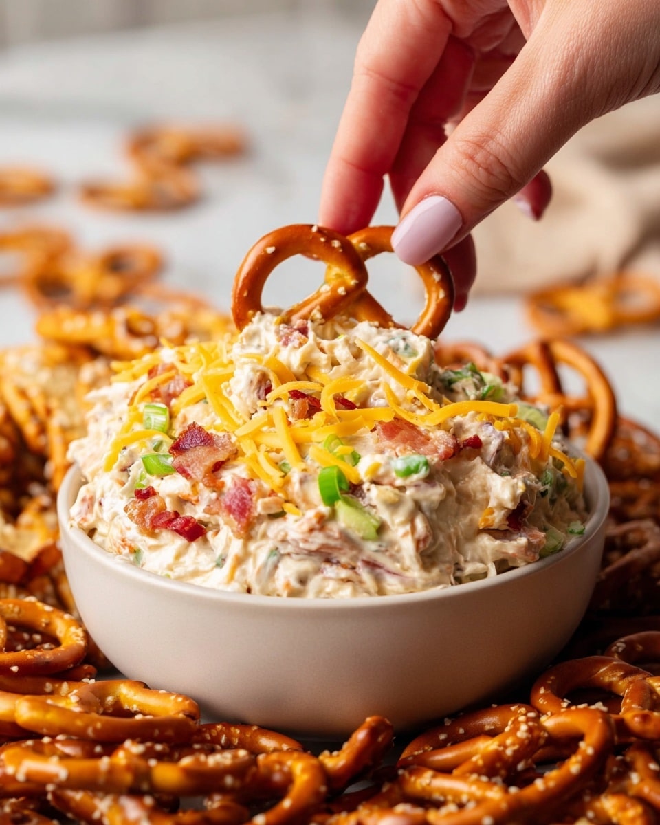 A white bowl filled with a creamy dip that has three visible layers: the base layer is thick and light cream-colored with small chunks, the middle layer includes crispy bacon pieces and chopped green onions adding red and green colors, and the top is sprinkled with shredded yellow cheddar cheese. A woman's hand is holding a salted pretzel above the dip, ready to scoop. The bowl is surrounded by many salted pretzels scattered around on a white marbled surface, creating a warm and inviting scene. photo taken with an iphone --ar 4:5 --v 7