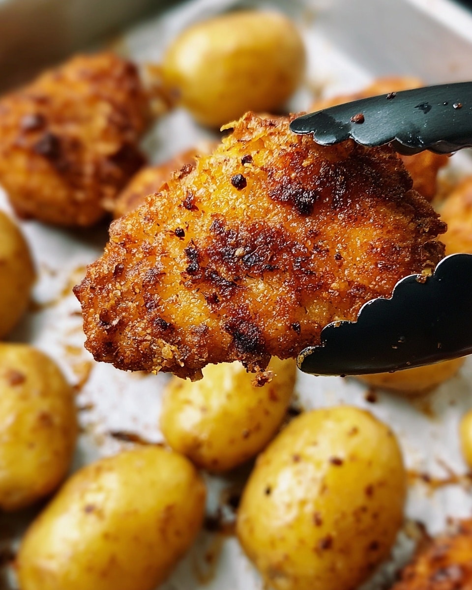 A piece of golden brown, crispy fried chicken held with black tongs is in focus, showing a crunchy, textured surface with small dark brown spots of seasoning. In the blurred background below, several whole roasted yellow potatoes with slightly wrinkled skins lay on a baking tray. The overall scene is on a white marbled texture. photo taken with an iphone --ar 4:5 --v 7