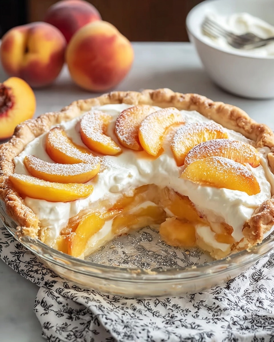 A round clear glass pie dish holds a three-layer peach pie sitting on a white and black patterned cloth on a white marbled surface. The bottom layer is a golden, flaky crust followed by a thick white creamy filling in the middle. On top, several curved slices of fresh peach with a yellow and orange-red skin are slightly overlapping, dusted lightly with powdered sugar. Part of the pie is cut out, showing the inside layers clearly, and a silver fork rests beside the dish. Two whole peaches and a white bowl are blurred in the background. Photo taken with an iphone --ar 4:5 --v 7
