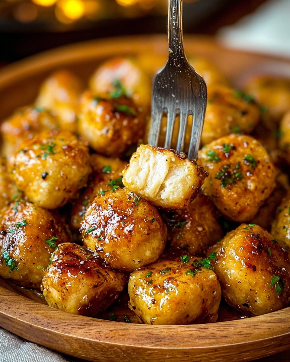The image shows a wooden bowl filled with many small, golden-brown cooked chicken bites, each coated in a shiny glaze with specks of seasoning and green herbs sprinkled on top. One chicken bite is pierced by a silver fork, revealing a white, tender inside with a slightly crispy outer layer. The chicken bites have a textured surface with some areas darker from cooking. The background is softly blurred with warm lighting highlighting the juicy and flavorful look of the dish. photo taken with an iphone --ar 4:5 --v 7