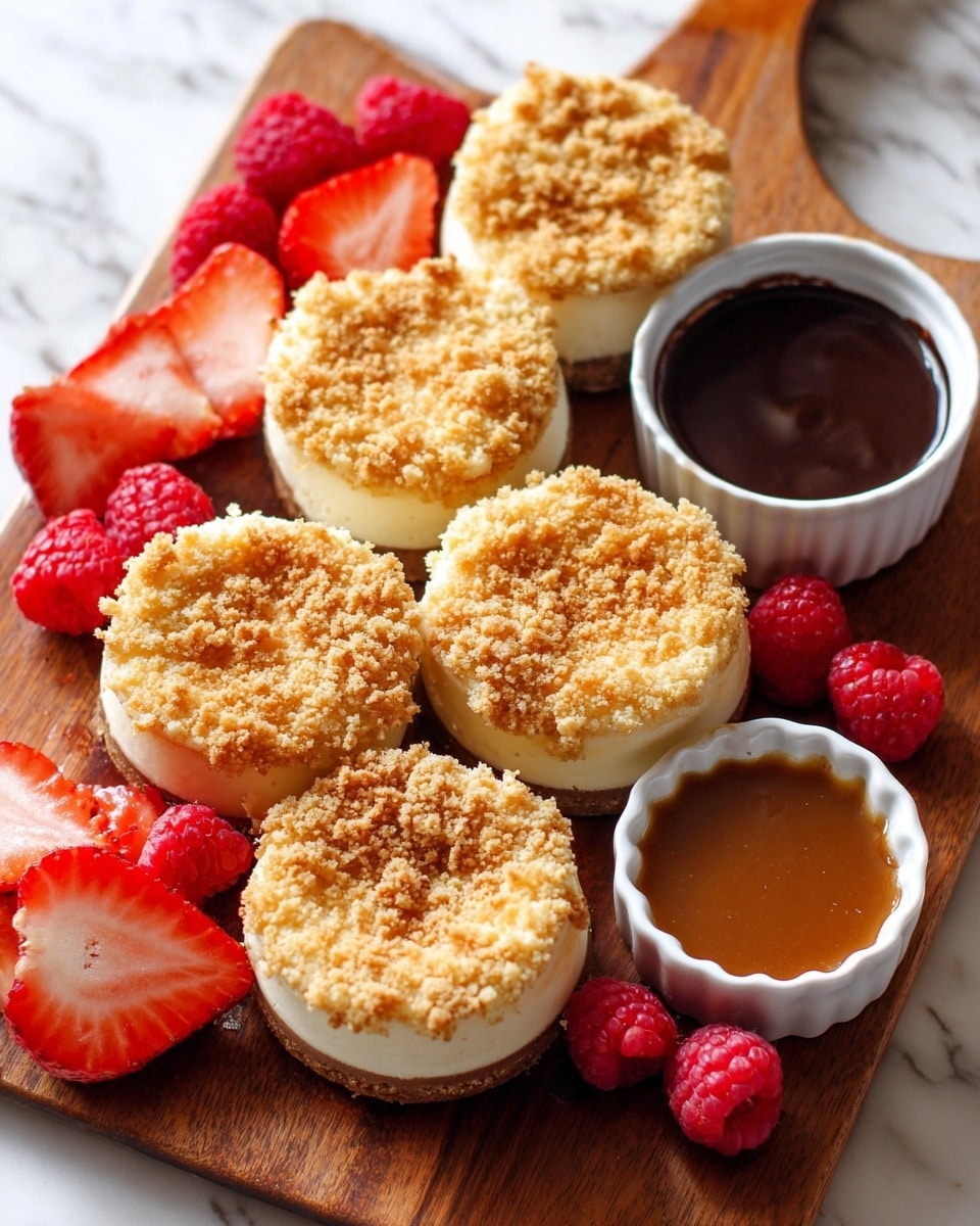 The image shows five mini cheesecakes arranged closely on a wooden board, each cheesecake with three visible layers: a light brown crumbly base, a thick creamy white middle layer, and a golden crumb topping that looks crunchy. Around the cheesecakes are fresh red raspberries and thinly sliced strawberries, adding bright color contrasts. Two small white scalloped dishes are placed near the cheesecakes; one filled with dark chocolate sauce and the other with caramel sauce, both glossy and smooth. The whole scene is set on a white marbled surface. photo taken with an iphone --ar 4:5 --v 7