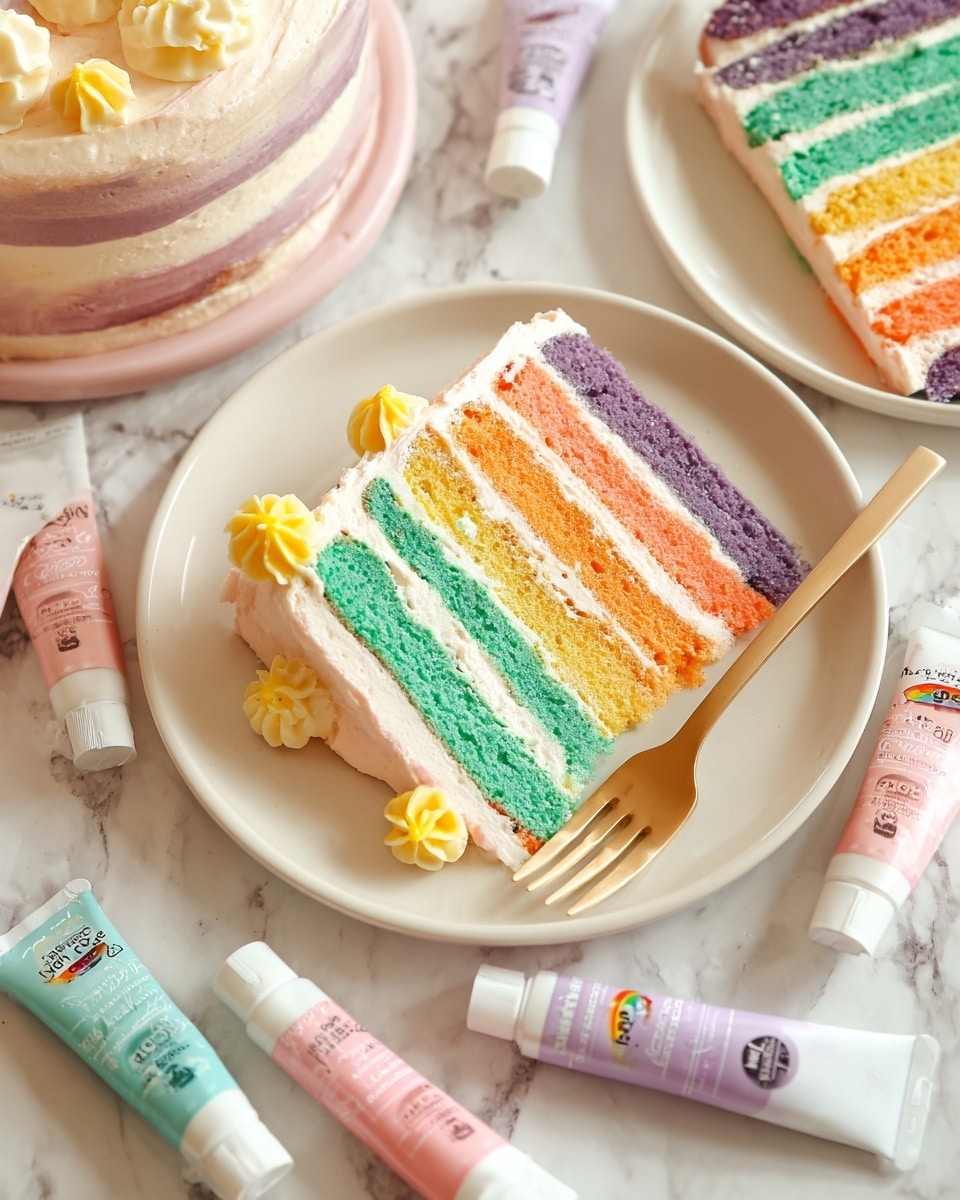 The image shows a white round plate with a slice of rainbow cake made of five colorful layers: purple, green, orange, yellow, and pink from right to left, each separated by thin layers of white frosting. The top of the slice has a smooth layer of pale cream frosting decorated with small yellow flower shapes. A gold fork rests on the plate beside the cake slice. Around the plate are several small tubes of colored gel labeled with different colors like lilac, baby blue, baby pink, and mint green. The background is a white marbled texture, and parts of more slices of the same rainbow cake are visible around the main plate. photo taken with an iphone --ar 4:5 --v 7