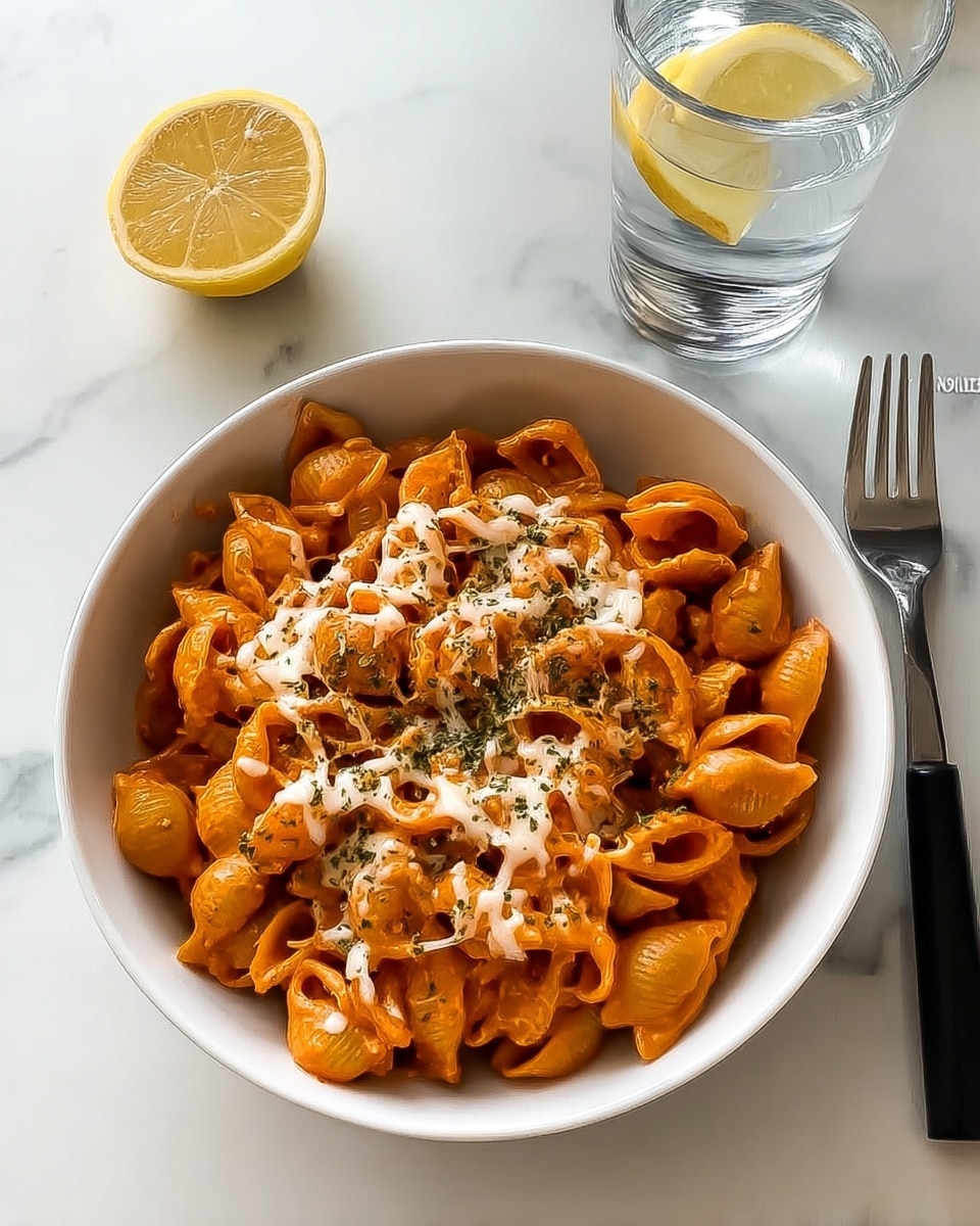 A white bowl filled with shell pasta covered in a rich orange-red sauce, topped with melted white cheese strings that are slightly browned and sprinkled with green herbs, all sitting on a white marbled surface. Behind the bowl, there is a glass of water with a slice of lemon inside and a half lemon placed next to it. A fork with a dark handle lies beside the bowl, completing the simple, clean setup. photo taken with an iphone --ar 4:5 --v 7