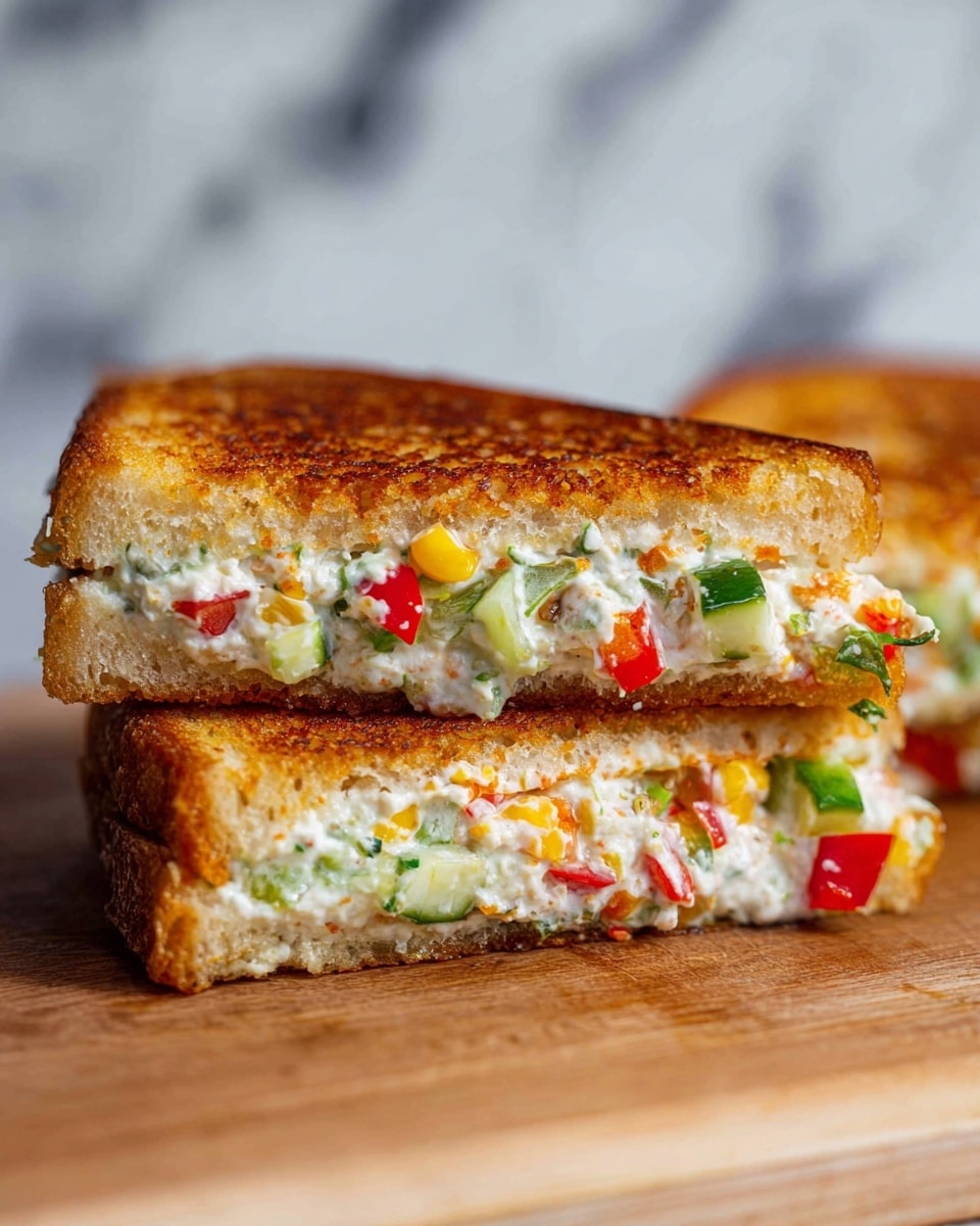 The image shows a close-up of two toasted sandwich halves stacked on a wooden surface. Each sandwich has two slices of golden brown, crispy bread with a crunchy texture on the outside. Inside, there is a thick layer of creamy white spread mixed with small chopped vegetables including red bell peppers, green peppers, corn kernels, and diced cucumbers. The mix looks fresh and colorful, creating a vibrant contrast with the toasted bread. The background features a soft, blurred white marbled texture. photo taken with an iphone --ar 4:5 --v 7