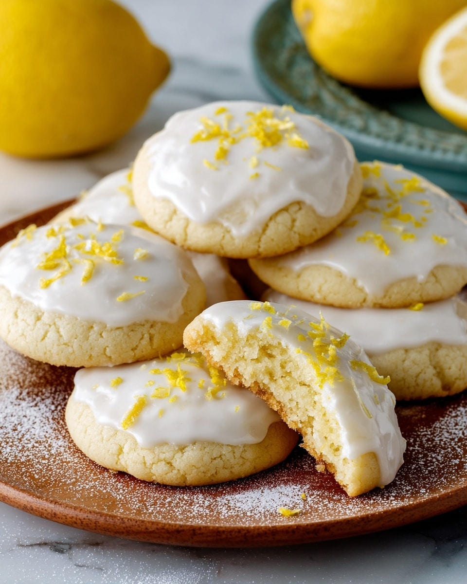 Six soft lemon cookies sit on a white plate with a smooth, wooden texture. Each cookie is round and pale yellow, topped with a thick layer of shiny white icing that slightly drips down the sides. On top of the icing, there are small bright yellow lemon zest pieces scattered, adding texture. One cookie is broken in half and placed on top of another cookie, showing its moist, crumbly yellow inside. The plate is dusted with powdered sugar, and in the background, there are whole lemons and a lemon half placed on a white marbled surface. photo taken with an iphone --ar 4:5 --v 7