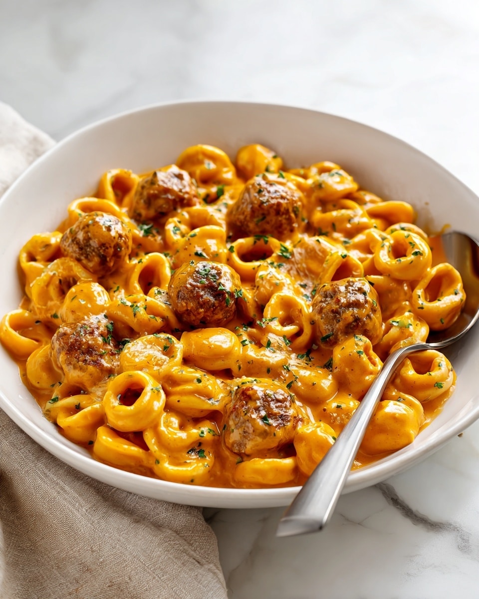 A white bowl filled with a creamy orange sauce coating round ring-shaped pasta, layered evenly throughout, mixed with several medium-sized brown meatballs scattered on top. The pasta has a smooth, glossy texture and is garnished with finely chopped green herbs sprinkled lightly over the dish. A shiny silver spoon rests on the right edge of the bowl. The bowl sits on a white marbled surface with a soft beige cloth nearby. photo taken with an iphone --ar 4:5 --v 7