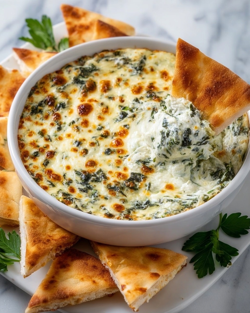 A white bowl filled with a baked dip showing a golden-brown bubbly melted cheese layer on top mixed with small green spinach pieces. A triangle of toasted pita bread is scooping a creamy, white dip mixed with spinach from the bowl. Around the bowl, several golden toasted pita triangles are arranged on a white marbled surface with a few green parsley leaves adding fresh color. The dip looks rich and creamy with a textured cheese top that is lightly browned. Photo taken with an iphone --ar 4:5 --v 7