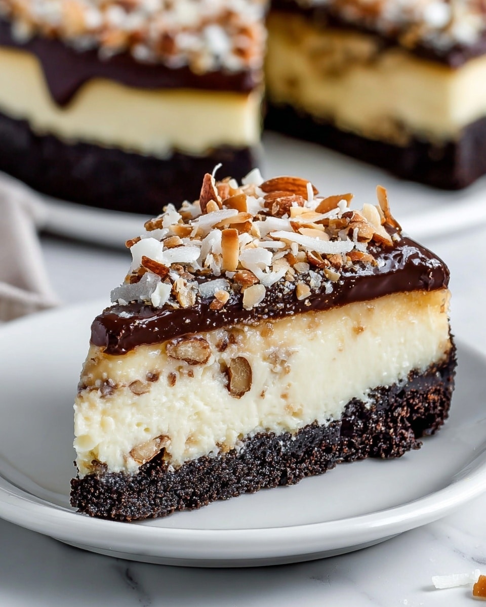 A three-layer cheesecake sits on a clear textured glass plate over a white marbled texture. The bottom layer is a dark crumbly crust, the middle layer is a smooth, creamy, light beige cheesecake, and the top layer is a glossy dark chocolate ganache that drips down the sides in thick drips. The chocolate layer is garnished with scattered slices of light brown almonds and small chocolate sprinkles, creating a textured and rich surface. Photo taken with an iphone --ar 4:5 --v 7