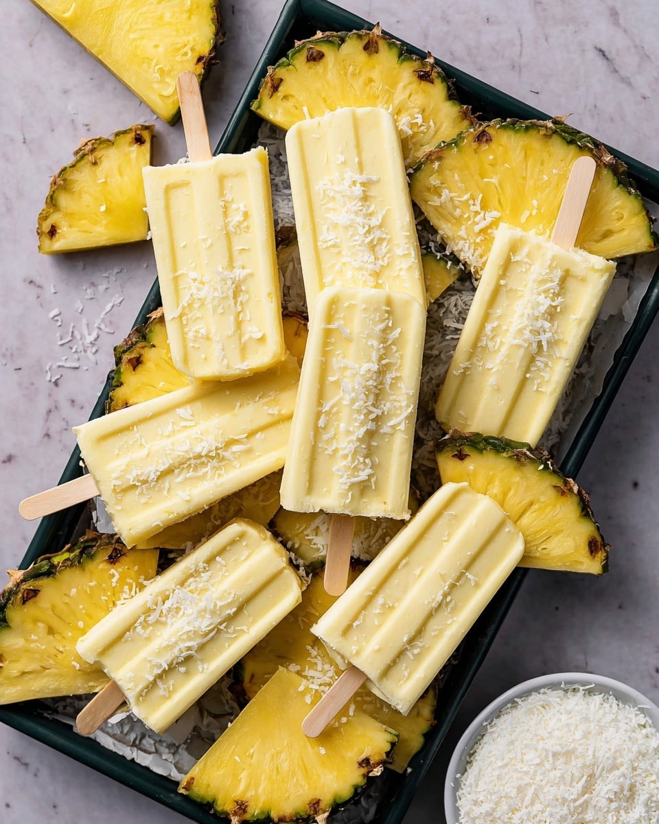 A black rectangular tray filled with light yellow popsicles, each with a smooth texture and wooden sticks, placed over fresh golden yellow pineapple slices with green edges. The tray also contains white shredded coconut sprinkled evenly on top of the popsicles and pineapple slices, creating a light contrast. The background is a white marbled texture, with a small white bowl filled with shredded coconut visible on the right side. photo taken with an iphone --ar 4:5 --v 7