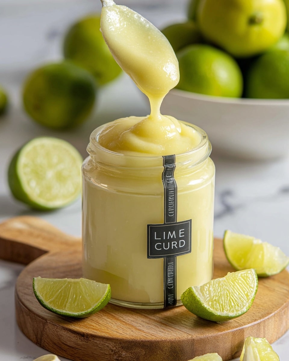 The image shows a glass jar filled with smooth, creamy yellow lime curd. A silver spoon is dipped into the jar, lifting a rounded scoop of the thick curd that has a glossy, custard-like texture. Around the jar, several fresh green limes are placed on a white marbled surface, some whole and some cut in halves or slices, adding a fresh and bright green contrast to the yellow curd. The focus is close-up on the jar and spoon, showing the rich texture clearly. Photo taken with an iphone --ar 4:5 --v 7