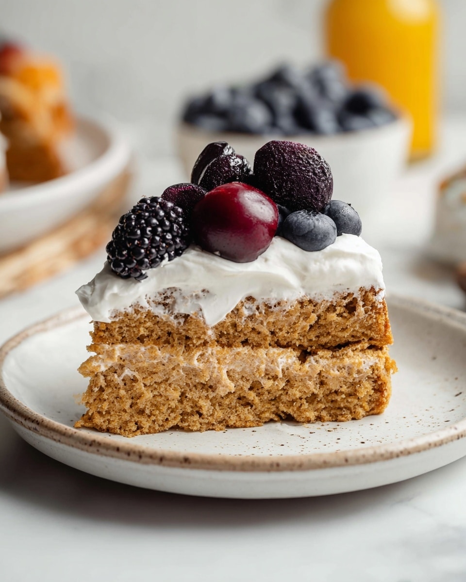 A single slice of cake with two visible layers of light brown, moist crumb sits on a white plate with a subtle speckled edge. The cake is topped with a thick layer of white cream that looks soft and fluffy. On top of the cream, there is a mix of fresh berries including dark blackberries, deep red cherry halves, blueberries with a powdery bloom, and a single dark grape. The cake and plate are placed on a white marbled texture, with a blurred background showing a bowl of blueberries and a yellow bottle. Photo taken with an iphone --ar 4:5 --v 7