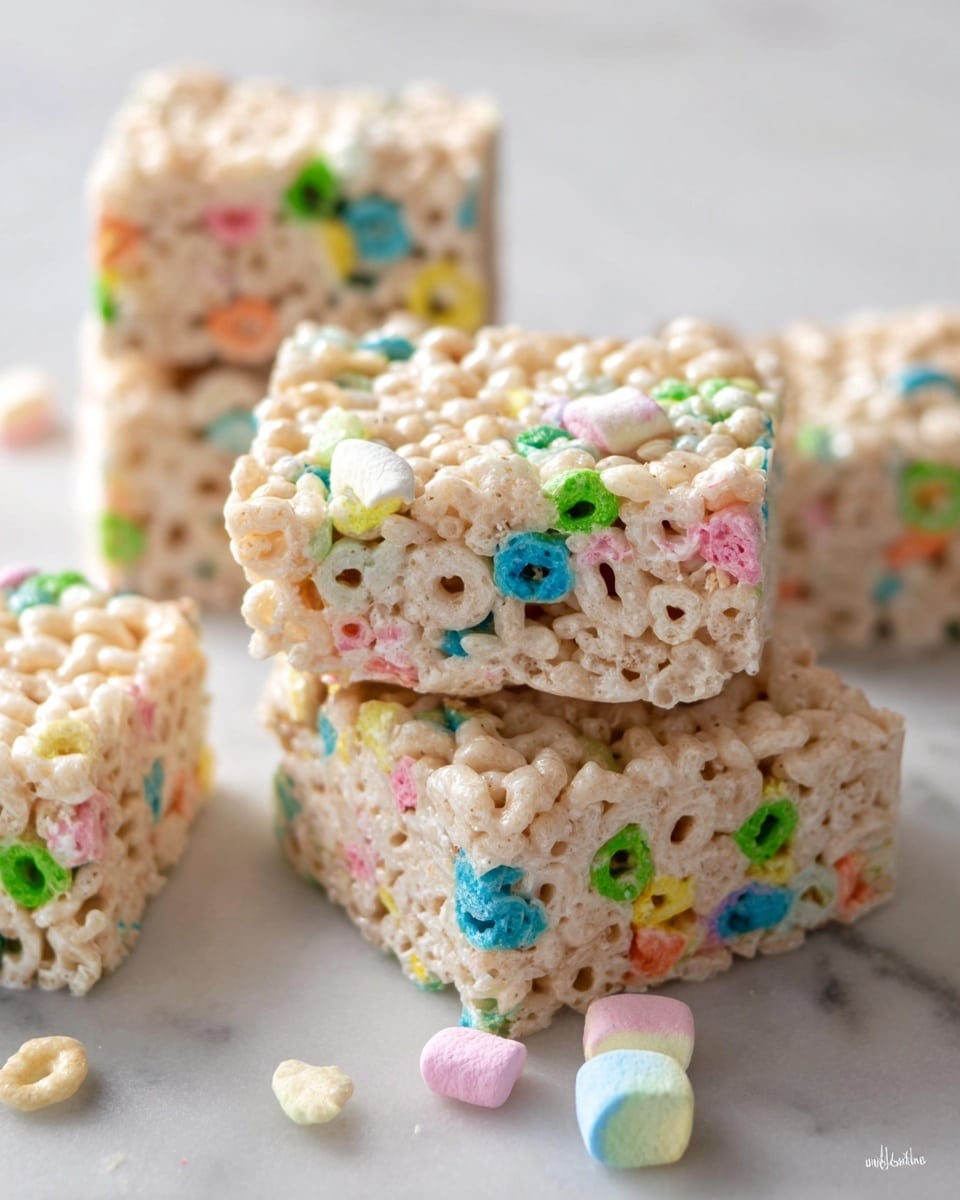 The image shows three thick, square-shaped cereal treats stacked closely on a white marbled surface, each made of light beige puffed rice cereal mixed with small, colorful marshmallows scattered throughout. The cereal layer is textured and slightly glossy, with marshmallows in bright colors like green, pink, blue, and orange, adding vibrant spots on the surface. Some loose colorful marshmallows and puffed rice pieces are seen around the edges of the treats, emphasizing the thickness and softness of each square. The image is bright and sharply focused on the front treat, with a soft blur on the treats in the background. photo taken with an iphone --ar 4:5 --v 7