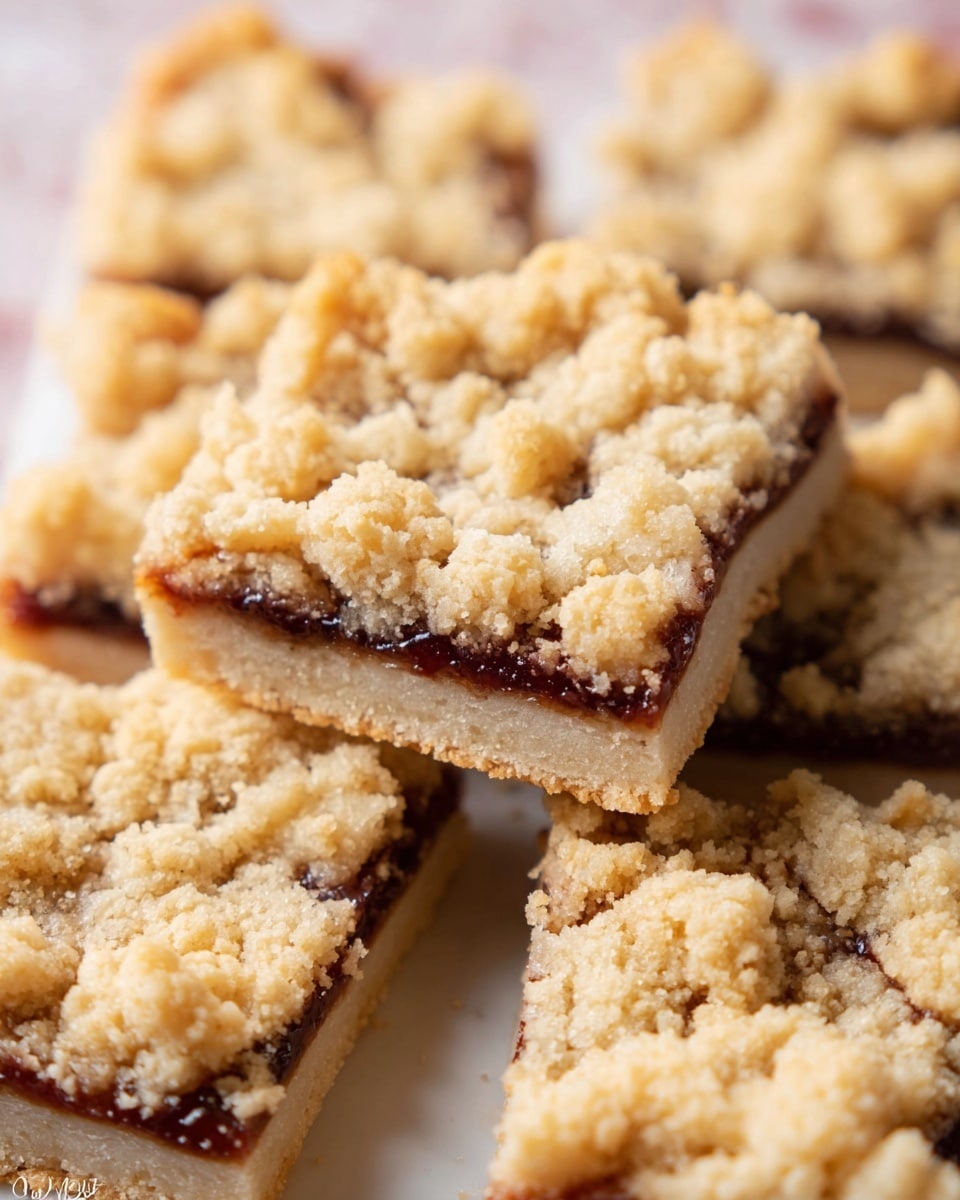 The image shows several crumb bars stacked on a white plate with a scalloped edge. Each bar has three distinct layers: the bottom layer is a firm, pale golden crust; the middle layer is a dark, glossy fruit filling with a rich, jam-like texture; and the top layer is a crumbly, light beige streusel topping with a rough texture. The bars are placed on a white marbled surface with a piece of white lace fabric partially visible nearby, and the background is soft pink and out of focus. photo taken with an iphone --ar 4:5 --v 7