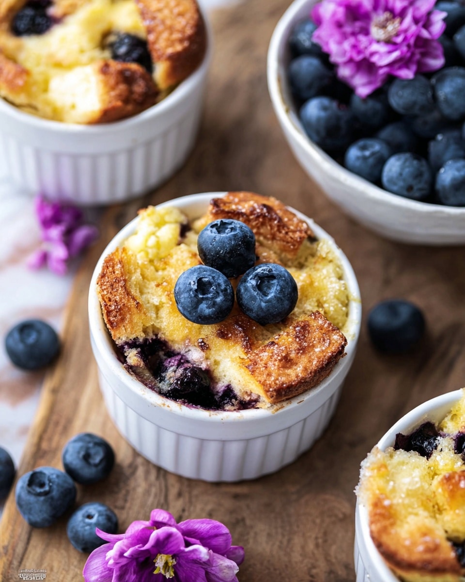 A white ramekin filled with a golden brown crispy bread pudding base with rough, textured pieces on top, layered with juicy blueberries scattered inside and on top, crowned with a smooth, creamy scoop of white vanilla ice cream that has small vanilla specks, and a single blueberry placed on the ice cream; a dark purple berry sauce slightly drips down the side of the ramekin, all placed on a white marbled surface with a blurry half lemon and purple flowers in the background. photo taken with an iphone --ar 4:5 --v 7