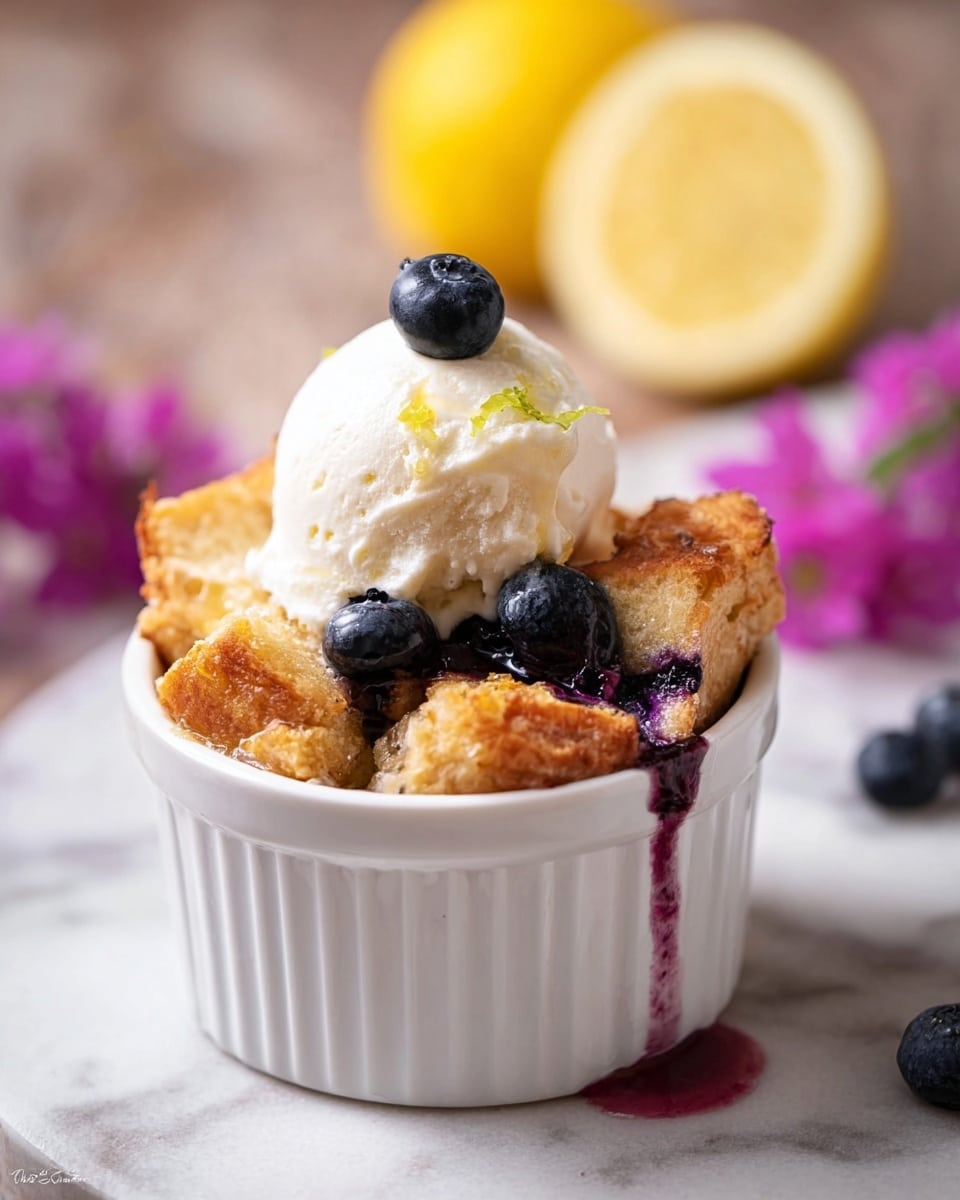 A close-up image showing a baked dish in white ramekins with golden brown crispy tops, dotted with soft, light yellow bread pudding layers inside, and dark purple blueberries visible baked into the dish. The ramekin in the center has three fresh blueberries placed on top, with the edges showing hints of purple blueberry juice. Surrounding the ramekins are fresh blueberries in a white bowl featuring a purple flower on top, and a couple of loose blueberries scattered on a wooden surface, which is replaced by a white marbled texture. A small purple flower is also visible near the bottom ramekin, adding a touch of color. photo taken with an iphone --ar 4:5 --v 7