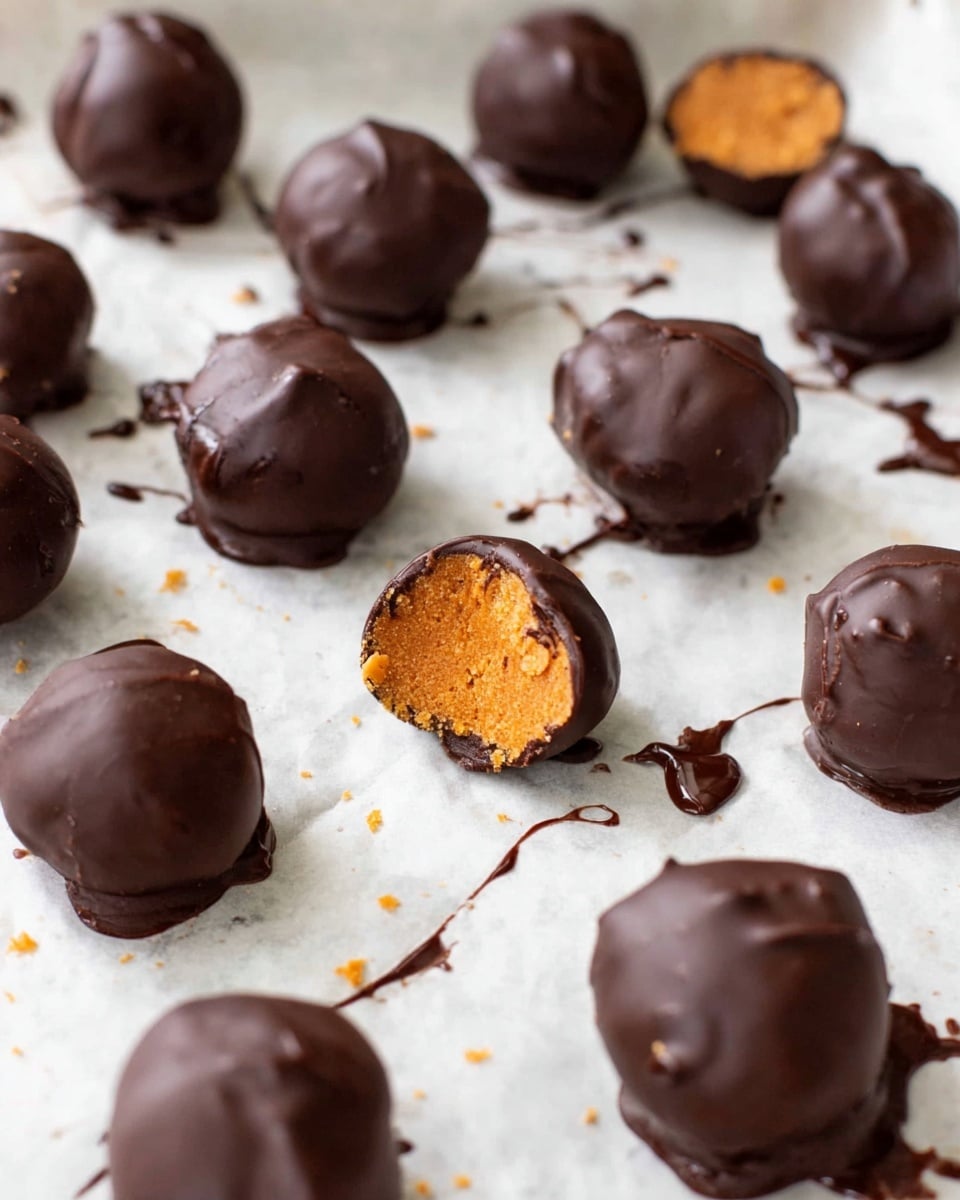 The image shows many small round chocolate-coated balls spread on a white marbled surface lined with parchment paper. Each ball has a smooth, shiny dark brown chocolate outer layer that looks thick and rich. Some balls are whole, while one is cut in half revealing a bright orange, crumbly inner layer beneath the chocolate shell. Small drips and smudges of chocolate surround most of the balls, adding texture to the scene. The balls vary slightly in shape but are mostly uniform in size, creating a neat arrangement. photo taken with an iphone --ar 4:5 --v 7