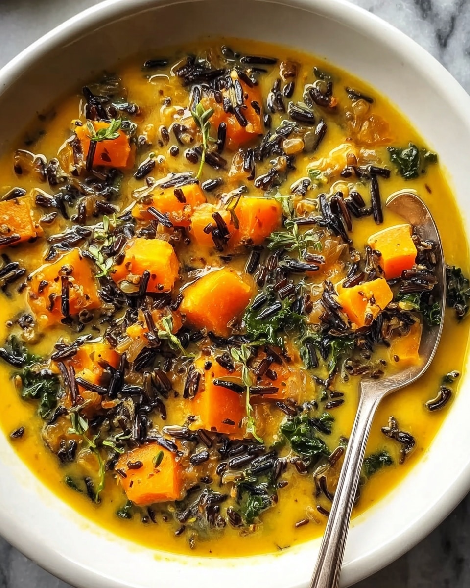 A bowl filled with a thick yellow-orange soup containing black wild rice, orange chunks of butternut squash, small dark green kale pieces, and translucent diced onions, all mixed together in a rich broth. A silver spoon rests inside the white bowl on the right side, with some soup coating the edges. The background shows a white marbled surface. photo taken with an iphone --ar 4:5 --v 7