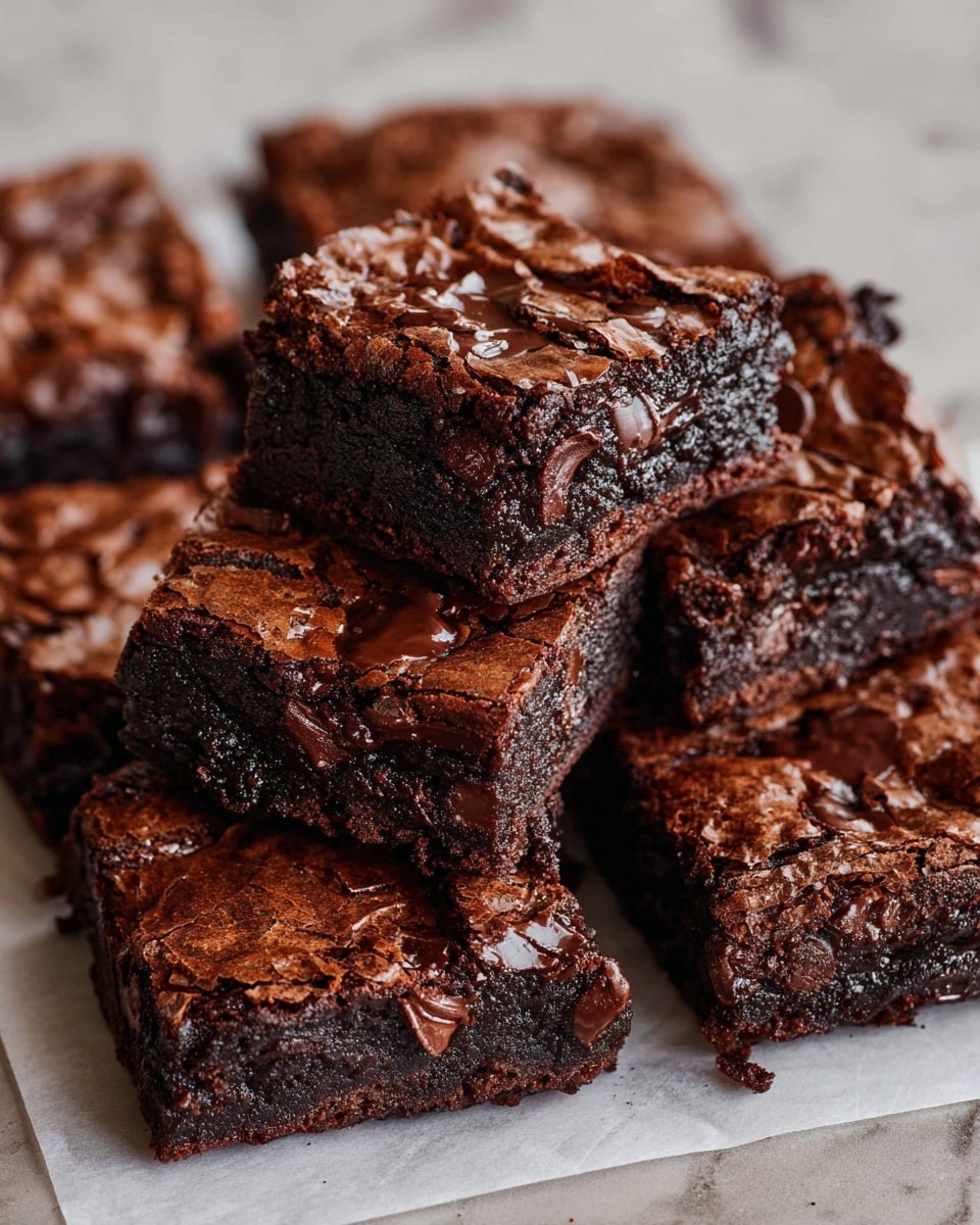 A close-up view of a stack of nine dense, rich chocolate brownies with a cracked, glossy top layer showing bits of melted chocolate and a chewy, fudgy dark brown base layer filled with chocolate chunks, arranged on white parchment paper over a white marbled surface, with one brownie held slightly above the stack showing its thick, moist interior. photo taken with an iphone --ar 4:5 --v 7