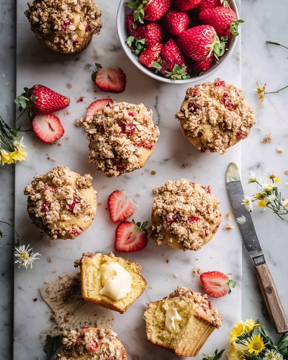 The image shows eight muffins on a white marbled surface, each topped with a chunky crumb layer of granola and small red strawberry pieces, creating a mix of brown, beige, and red textures on top. One muffin is cut open, revealing a soft, yellow butter layer inside with a light, fluffy crumb base beneath a pale golden muffin wrapper. Nearby, a white bowl filled with fresh red strawberries sits on the surface, along with whole and sliced strawberries scattered around. A butter knife with some softened butter rests among the muffins and fruit. Small yellow and white flowers peek in from the corner, adding a fresh touch. photo taken with an iphone --ar 4:5 --v 7