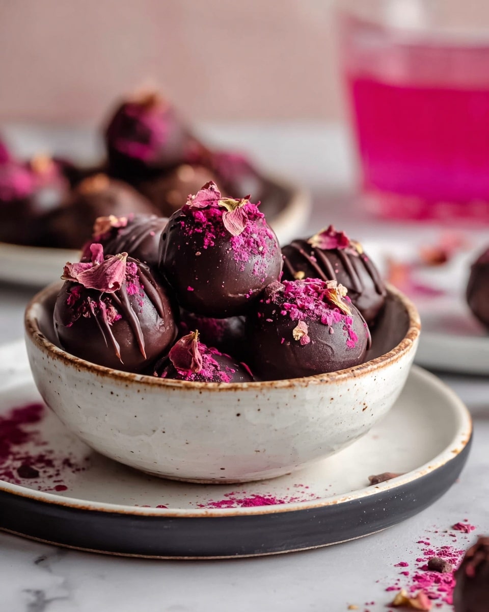 A close-up of a small bowl filled with round chocolate truffles. The bowl is white with a rustic edge and sits on a white plate with a dark rim. Each truffle is coated in glossy dark chocolate, some topped with pink edible flower petals, others dusted with bright pink powder, and a few decorated with small cacao nibs. The truffles have a smooth texture with some subtle drizzled chocolate details. In the background, another plate with a few truffles and a glass of bright pink liquid are softly blurred, all placed on a white marbled surface. photo taken with an iphone --ar 4:5 --v 7
